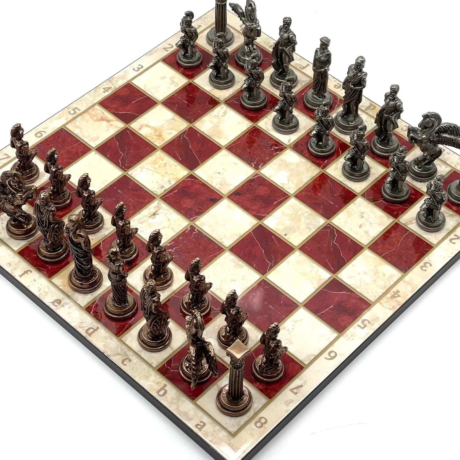 14" Red Marble Patterned Chess Set With Pegasus Metal Chess Pieces