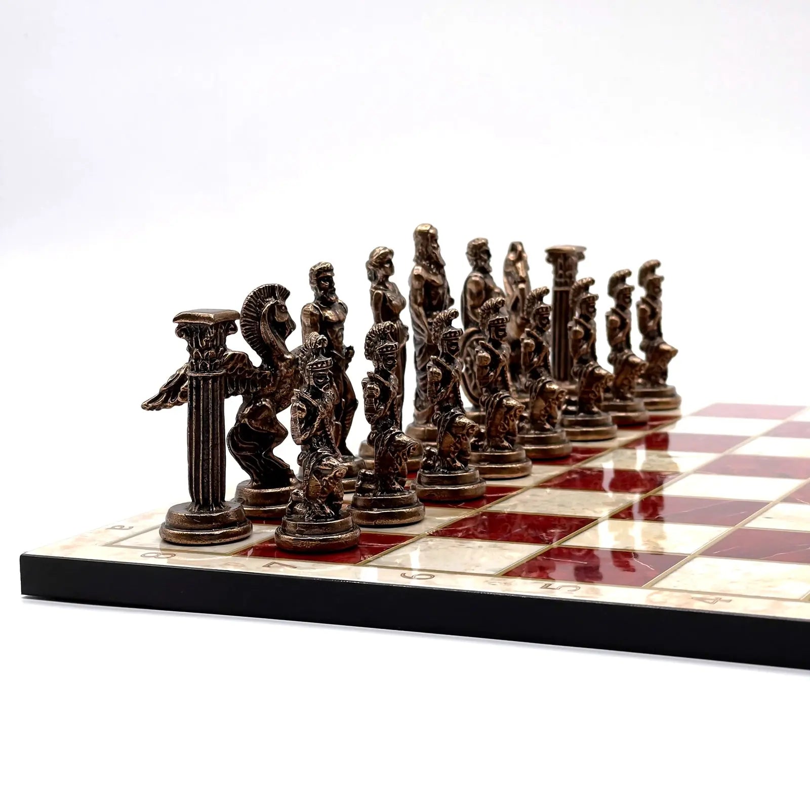 14" Red Marble Patterned Chess Set With Pegasus Metal Chess Pieces