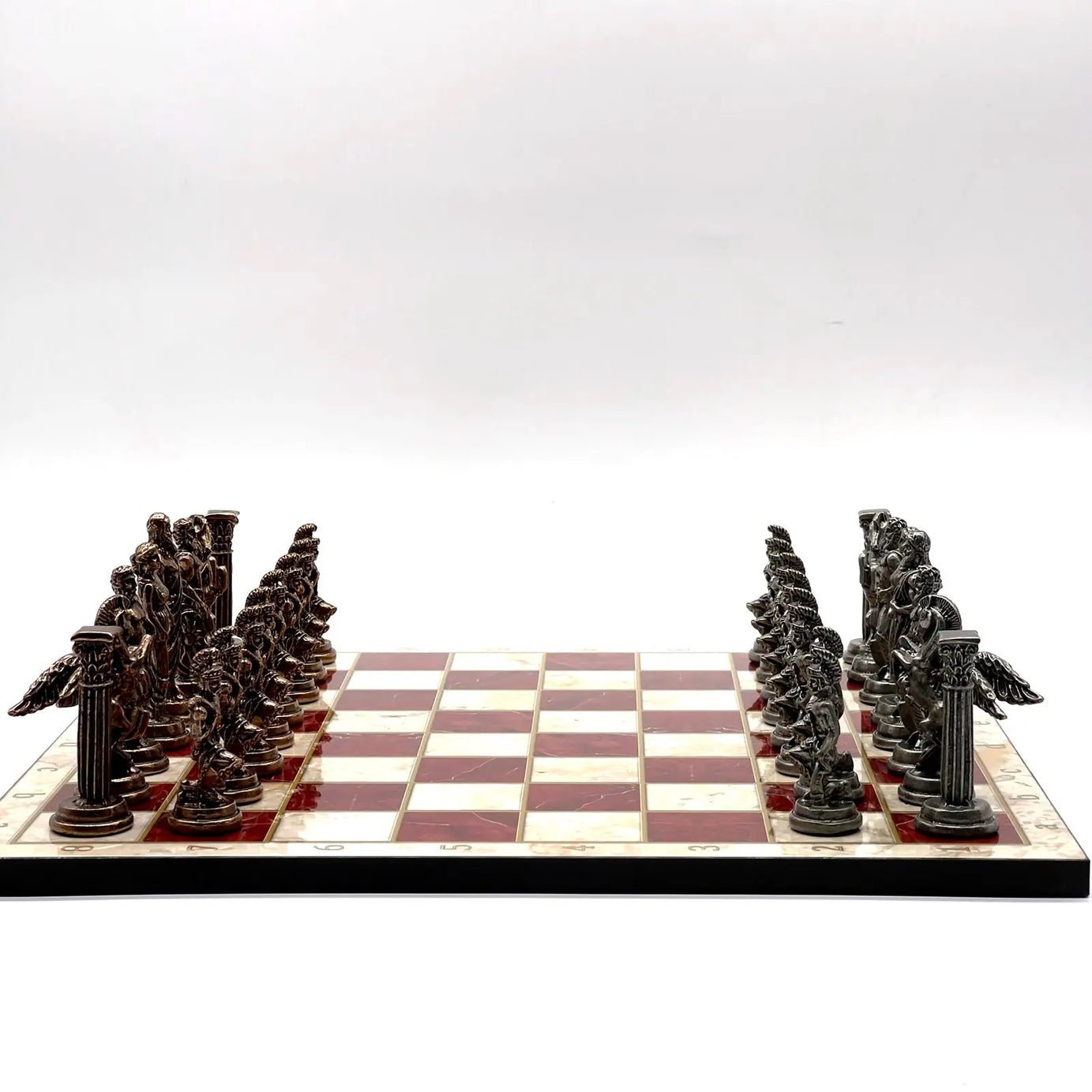 14" Red Marble Patterned Chess Set With Pegasus Metal Chess Pieces
