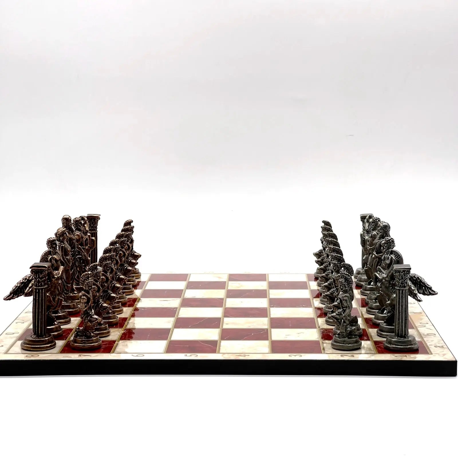 14" Red Marble Patterned Chess Set With Pegasus Metal Chess Pieces