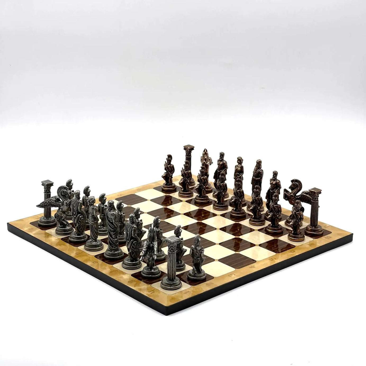 14" Brown Marble Patterned Chess Set With Pegasus Metal Chess Pieces
