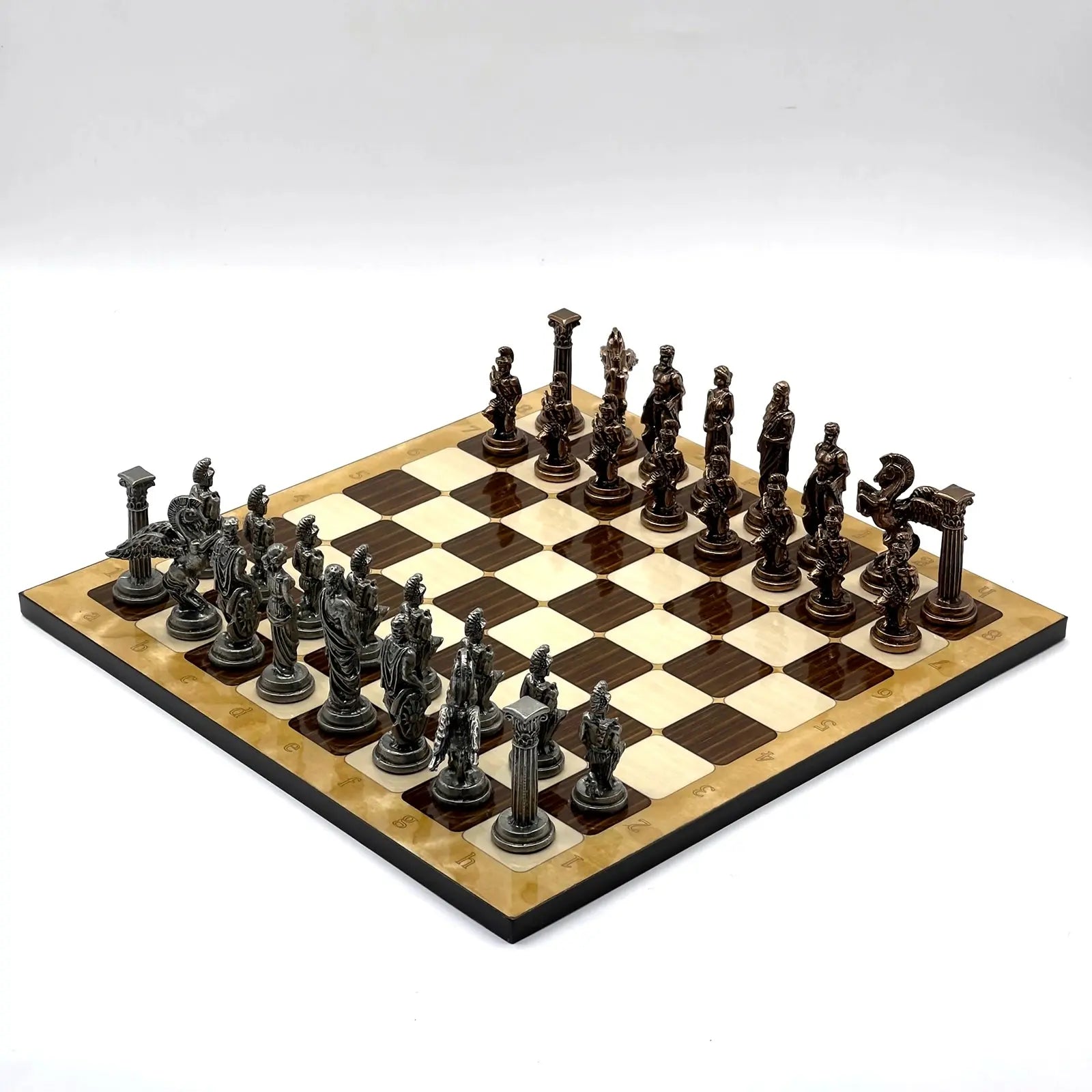 14" Brown Marble Patterned Chess Set With Pegasus Metal Chess Pieces
