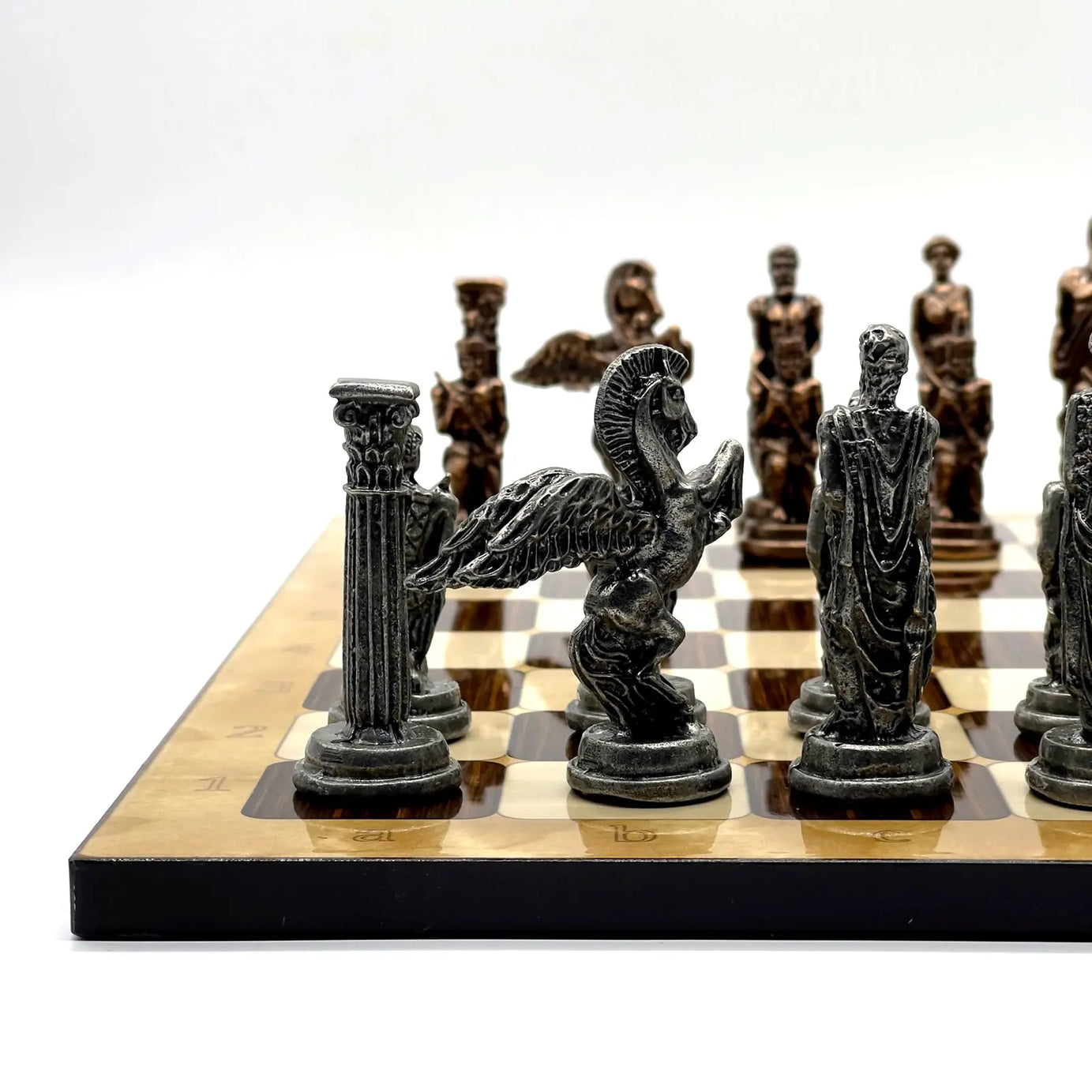 14" Brown Marble Patterned Chess Set With Pegasus Metal Chess Pieces