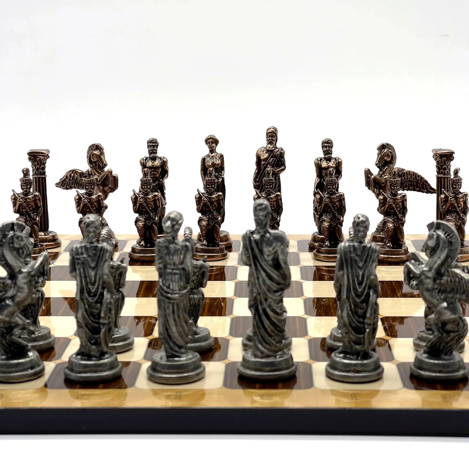 14" Brown Marble Patterned Chess Set With Pegasus Metal Chess Pieces