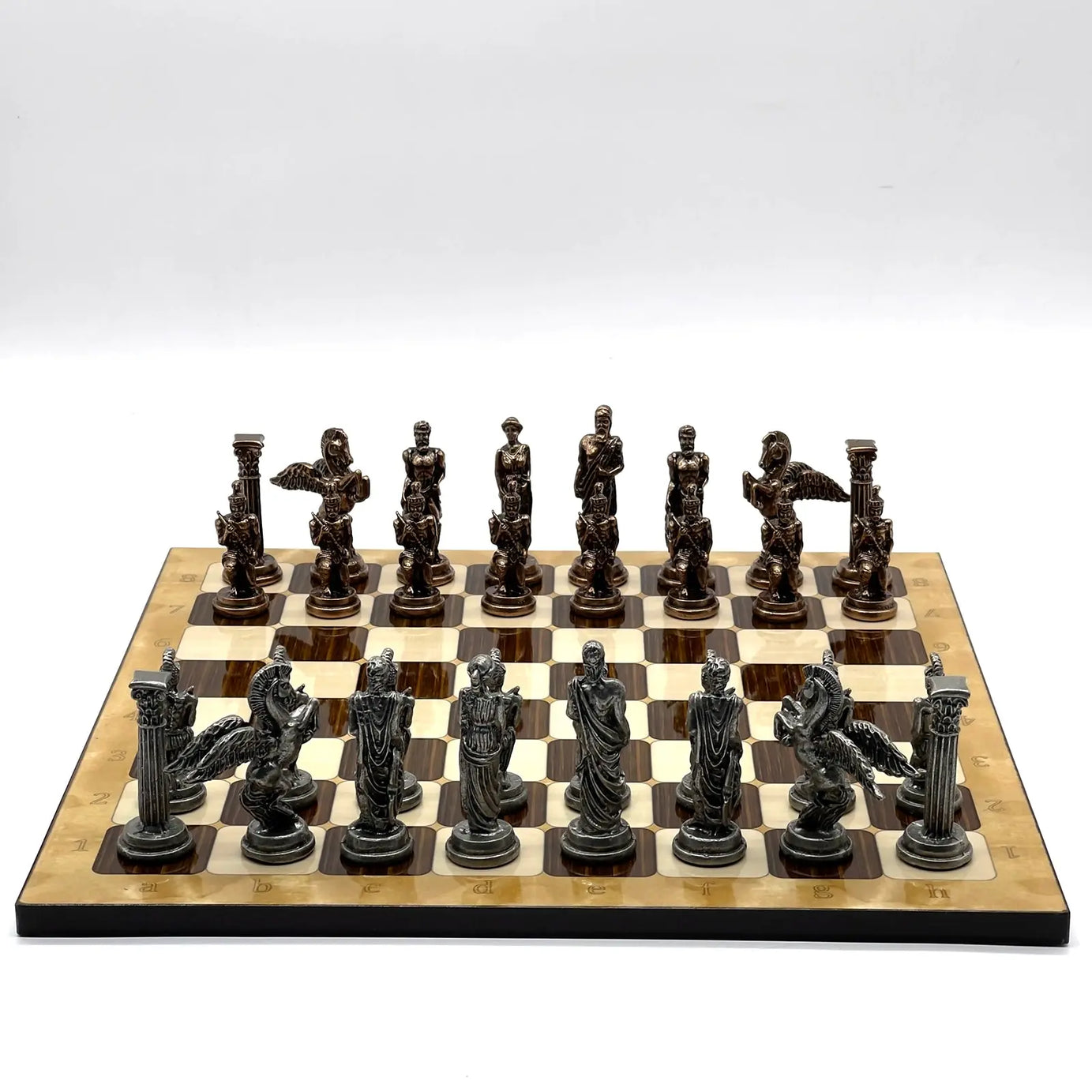 14" Brown Marble Patterned Chess Set With Pegasus Metal Chess Pieces