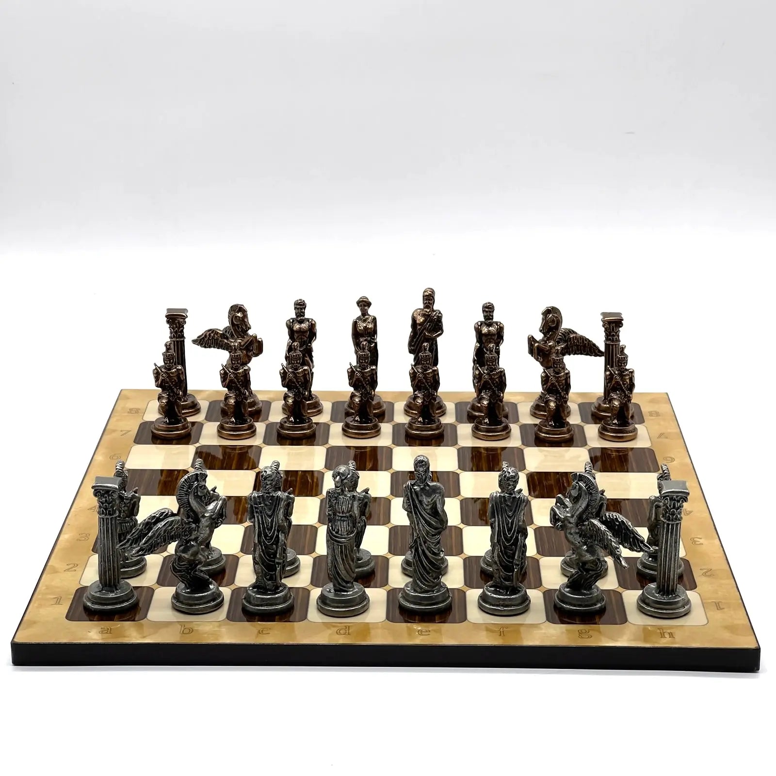 14" Brown Marble Patterned Chess Set With Pegasus Metal Chess Pieces