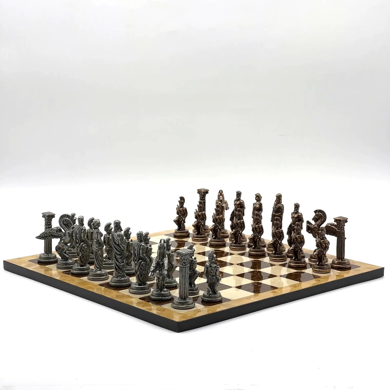 14" Brown Marble Patterned Chess Set With Pegasus Metal Chess Pieces