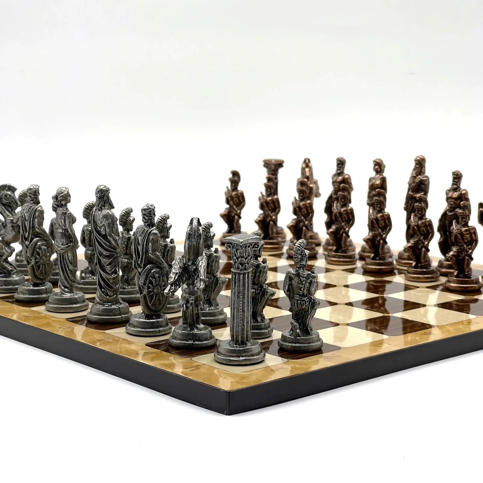 14" Brown Marble Patterned Chess Set With Pegasus Metal Chess Pieces