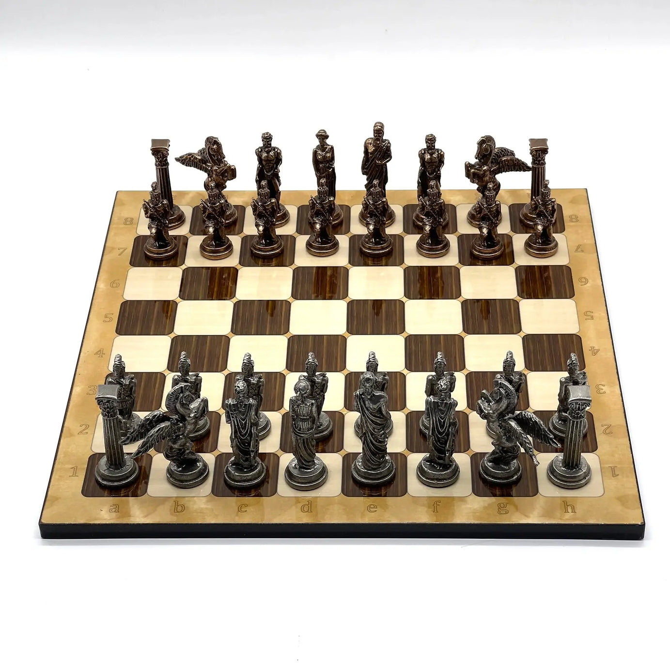 14" Brown Marble Patterned Chess Set With Pegasus Metal Chess Pieces