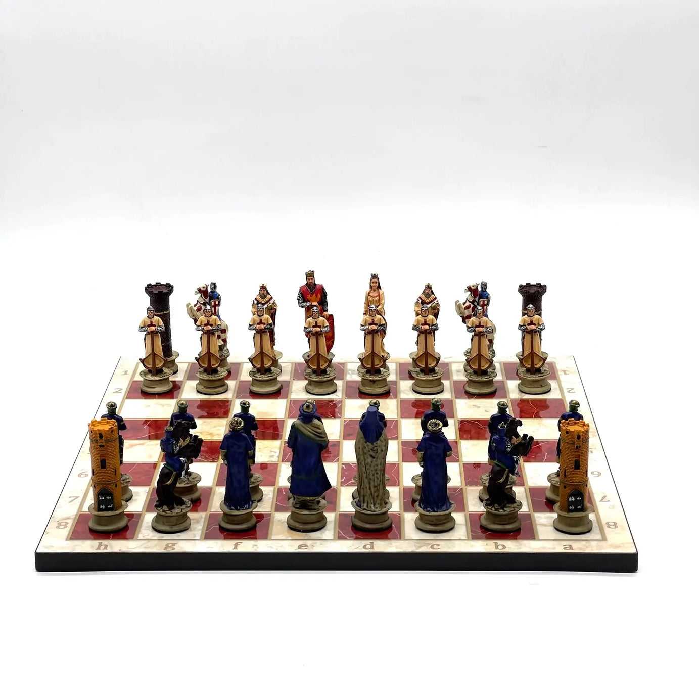 14" Red Marble Patterned Chess Set With Crusaders Polyester Chess Pieces