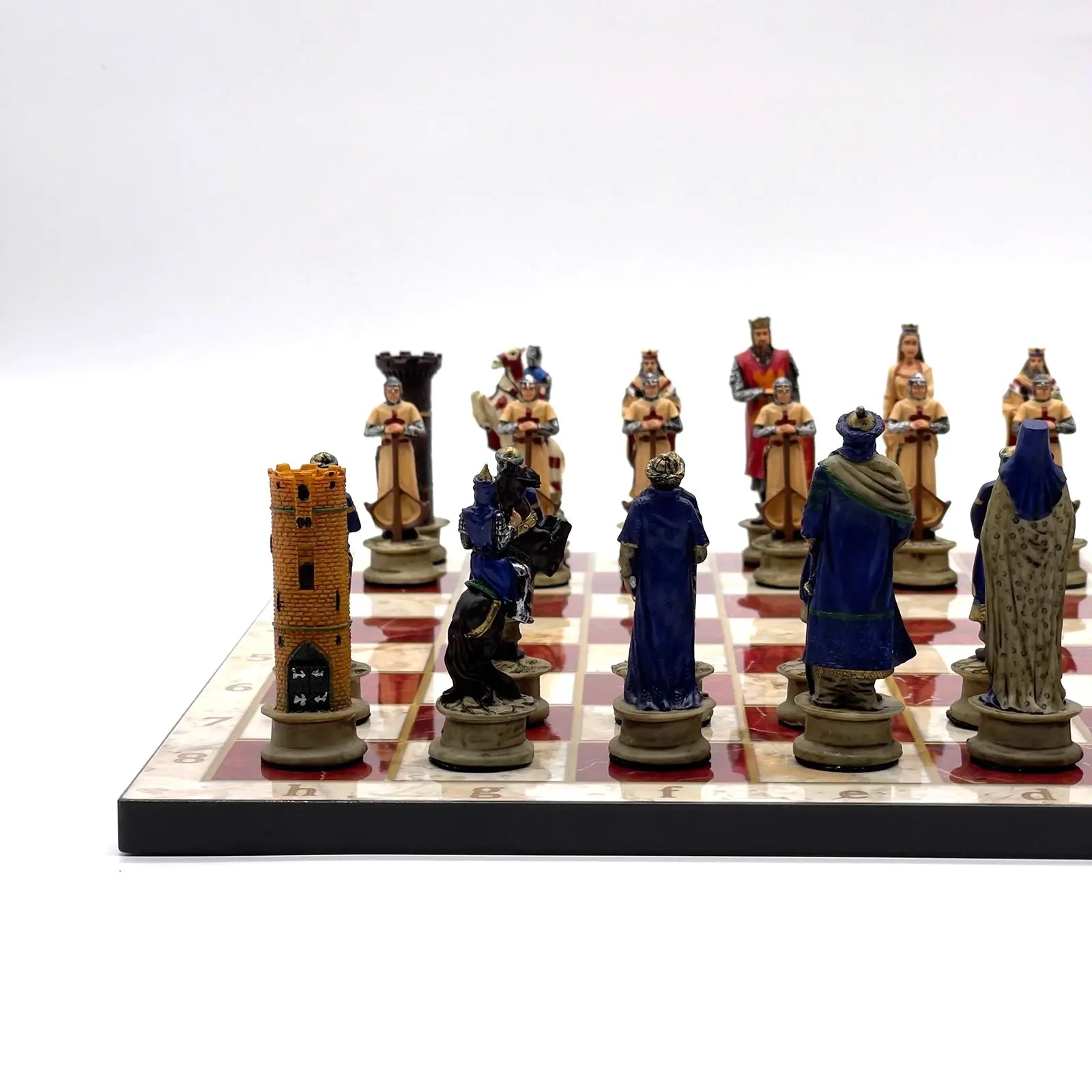 14" Red Marble Patterned Chess Set With Crusaders Polyester Chess Pieces