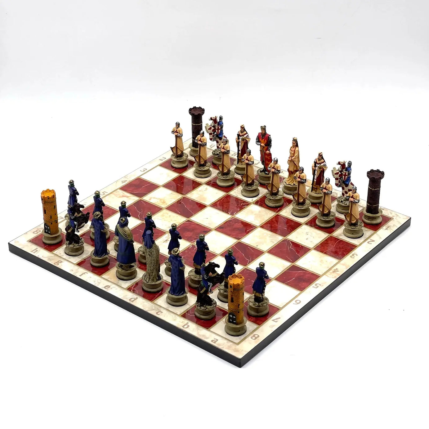 14" Red Marble Patterned Chess Set With Crusaders Polyester Chess Pieces