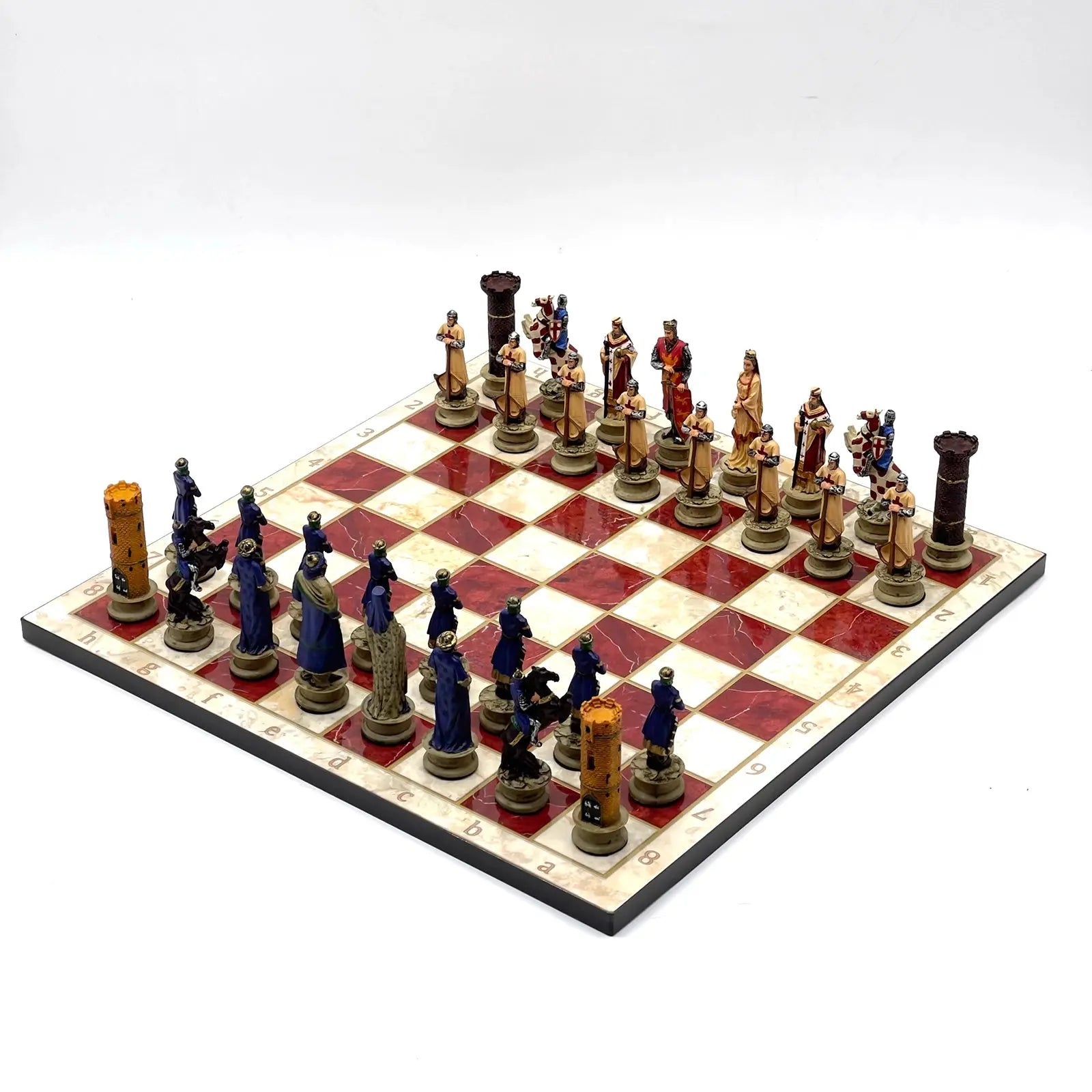 14" Red Marble Patterned Chess Set With Crusaders Polyester Chess Pieces