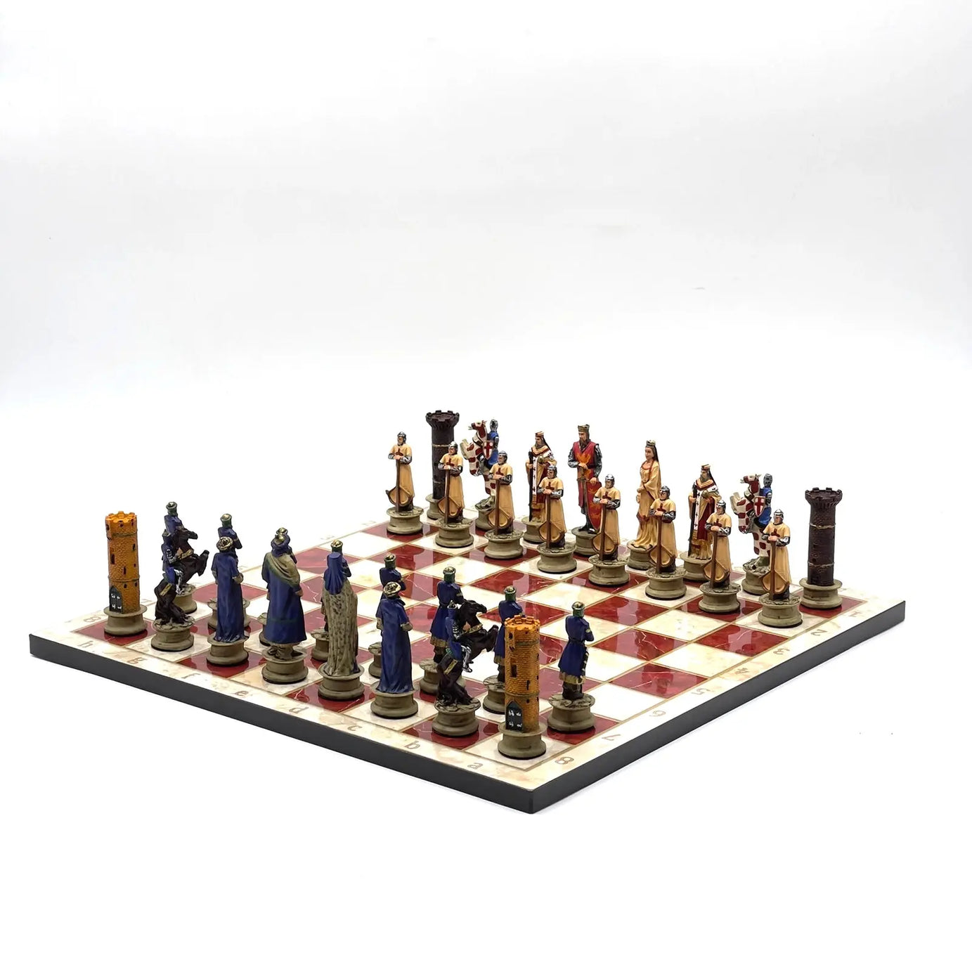 14" Red Marble Patterned Chess Set With Crusaders Polyester Chess Pieces