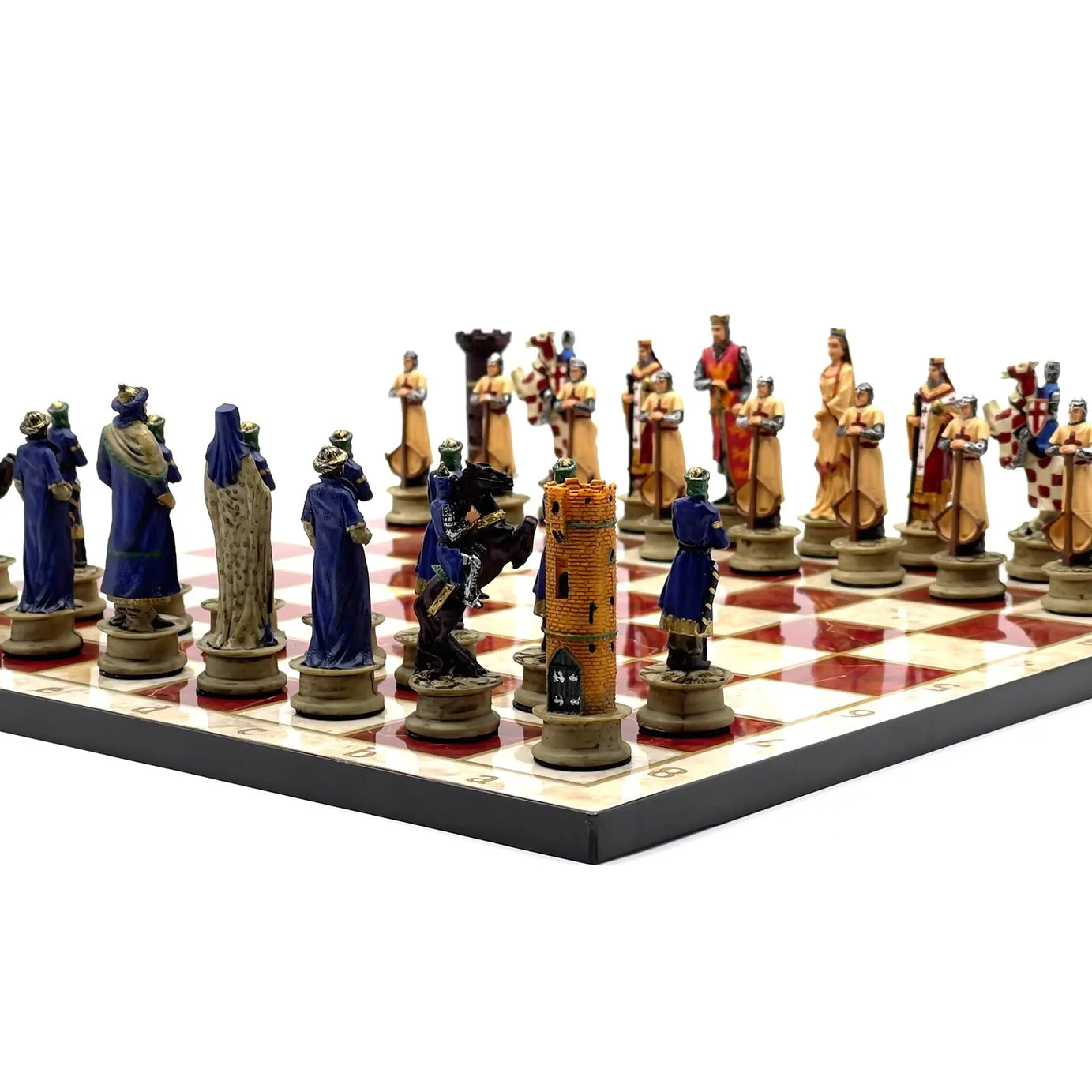 14" Red Marble Patterned Chess Set With Crusaders Polyester Chess Pieces