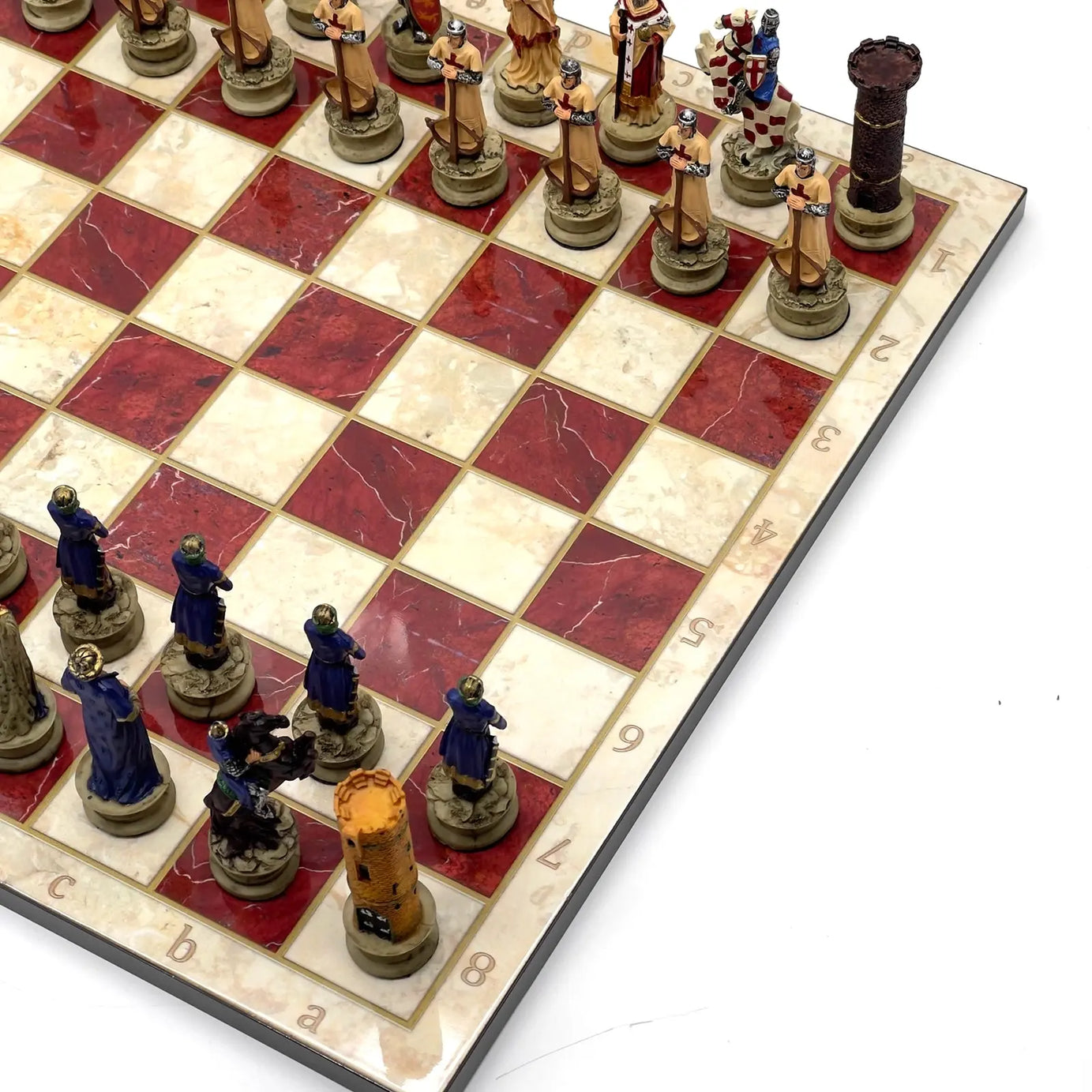 14" Red Marble Patterned Chess Set With Crusaders Polyester Chess Pieces