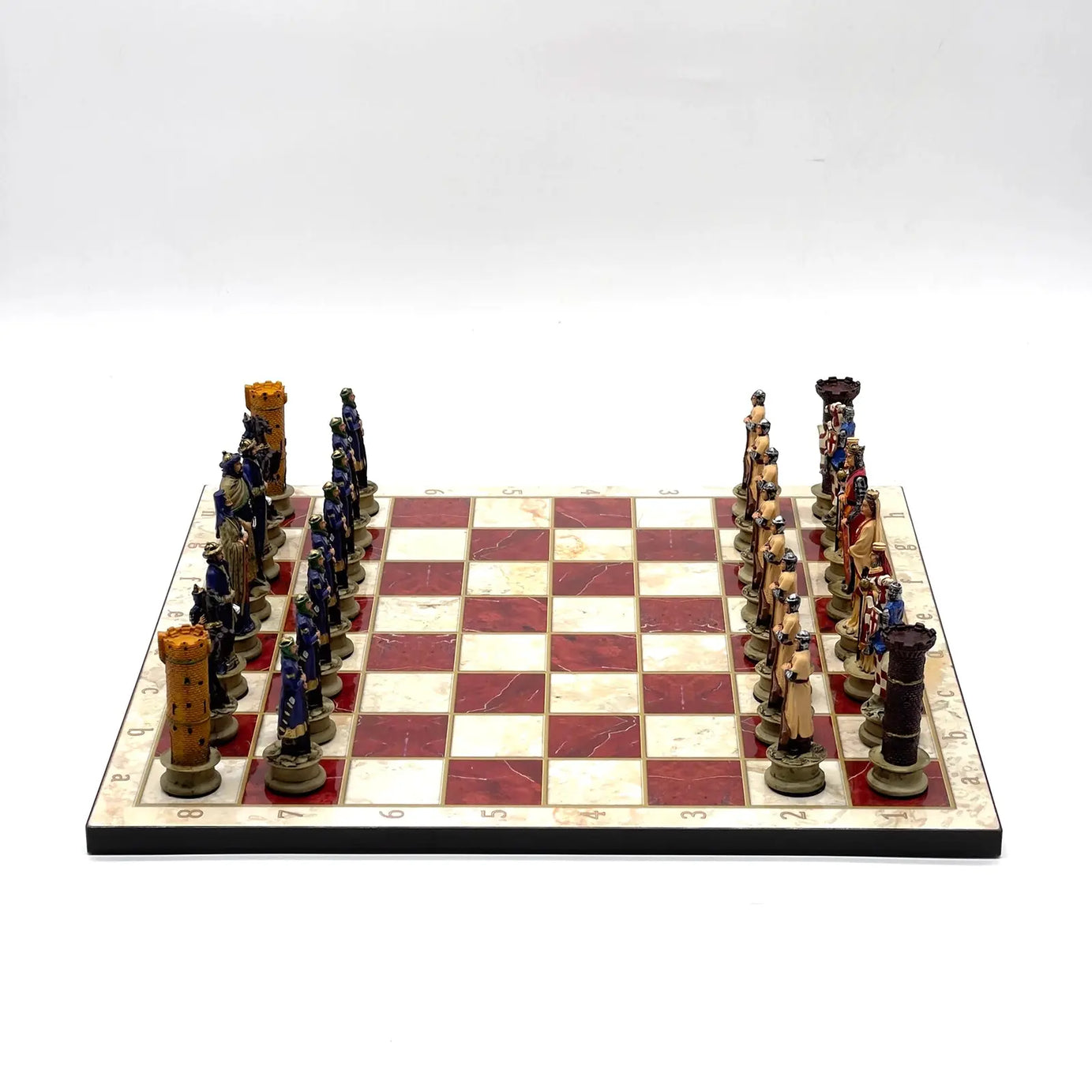 14" Red Marble Patterned Chess Set With Crusaders Polyester Chess Pieces
