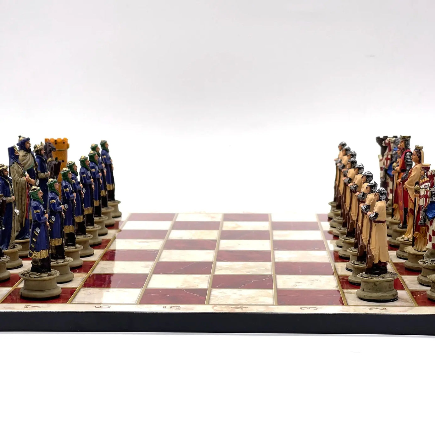 14" Red Marble Patterned Chess Set With Crusaders Polyester Chess Pieces