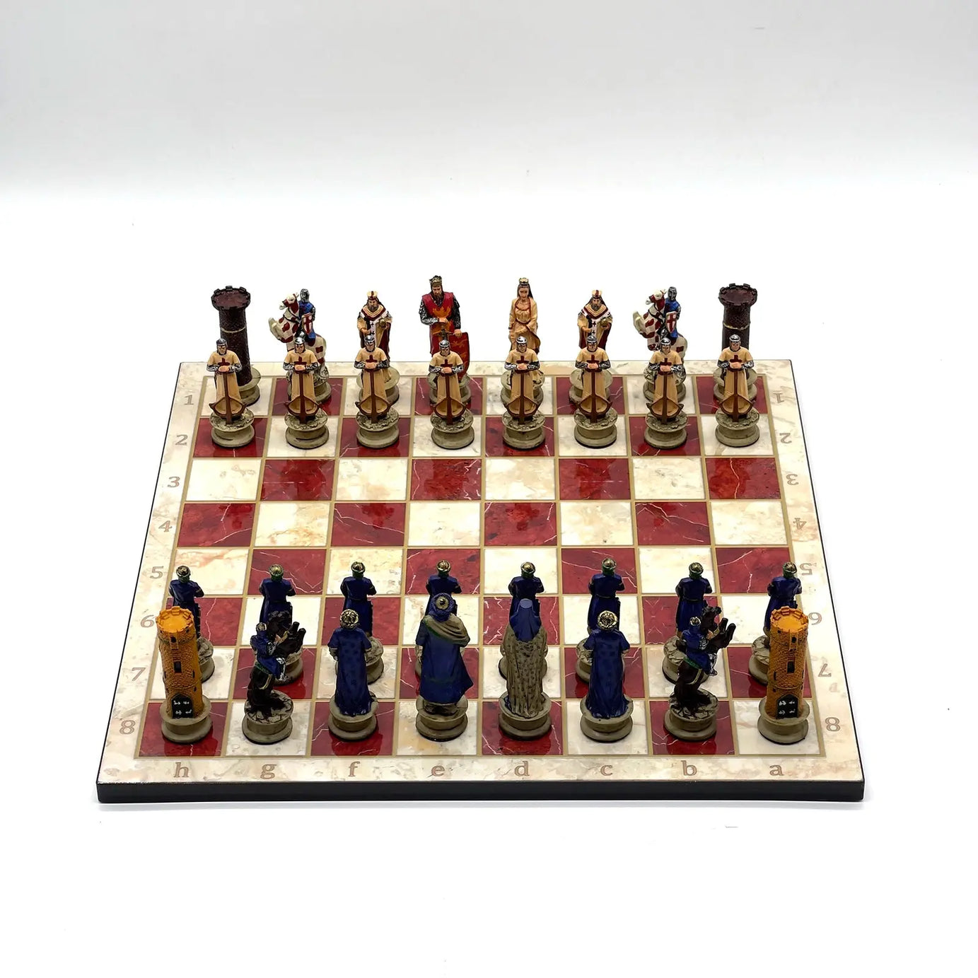 14" Red Marble Patterned Chess Set With Crusaders Polyester Chess Pieces
