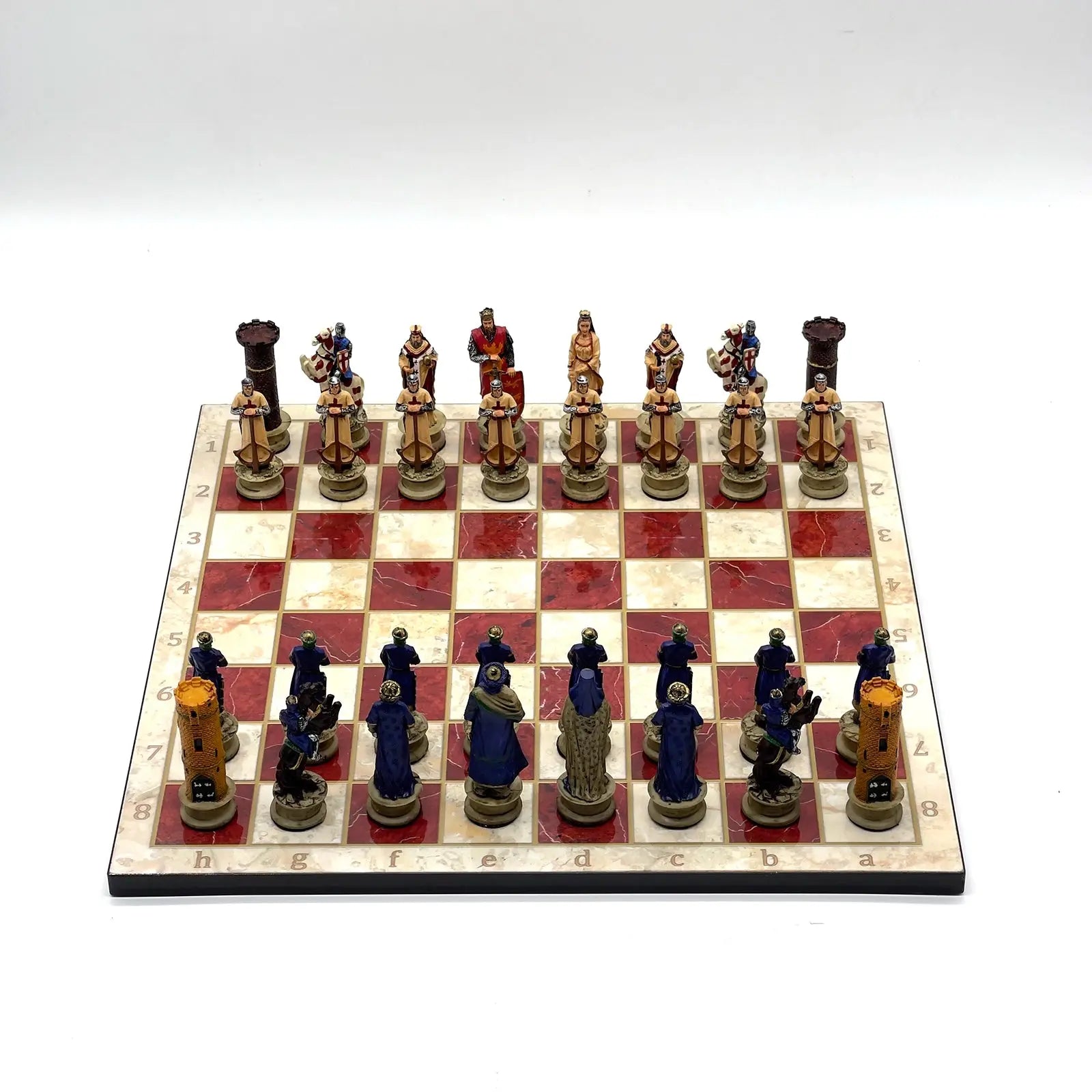 14" Red Marble Patterned Chess Set With Crusaders Polyester Chess Pieces
