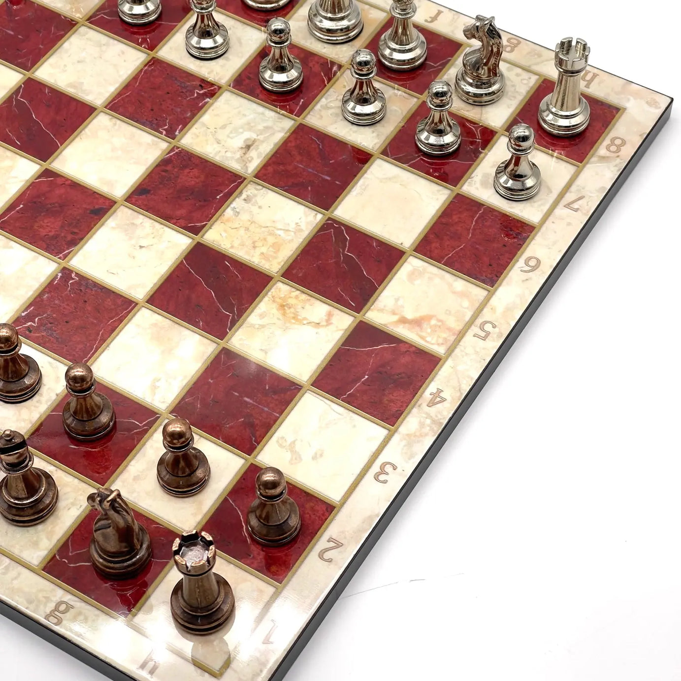 14" Red Marble Pattern Chess Board With Metal Chess Pieces