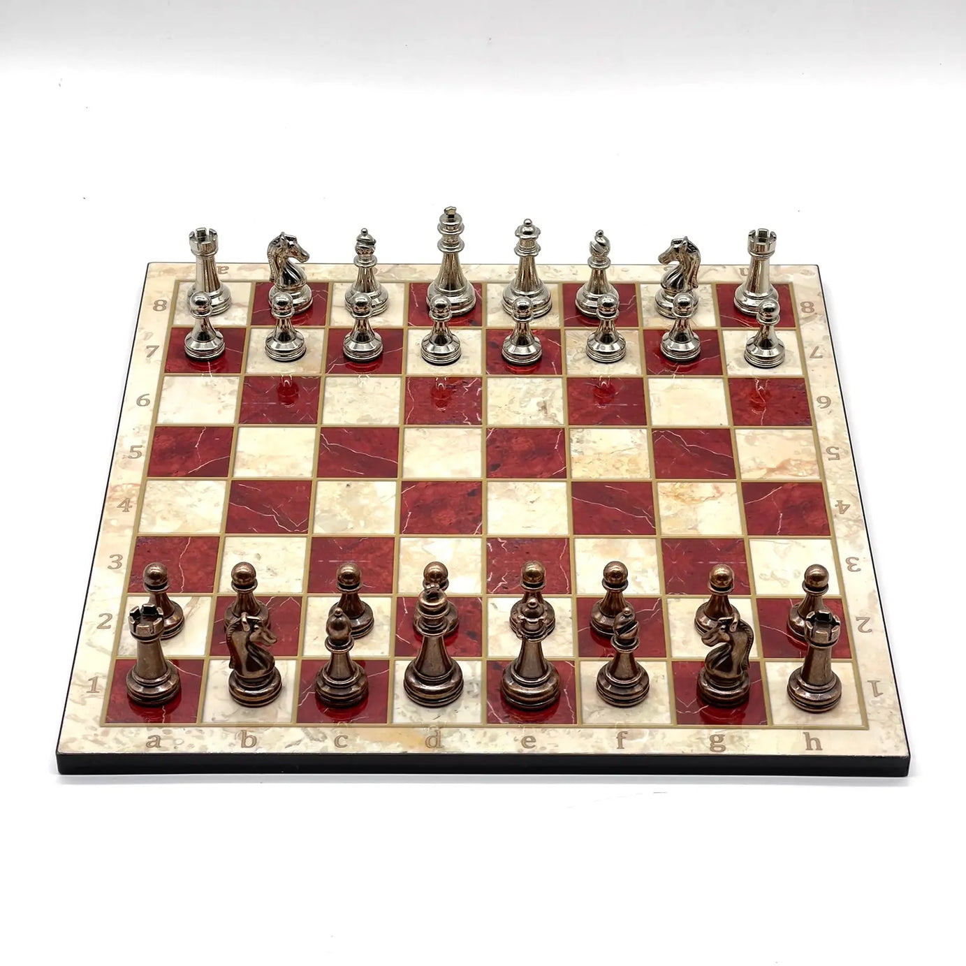 14" Red Marble Pattern Chess Board With Metal Chess Pieces