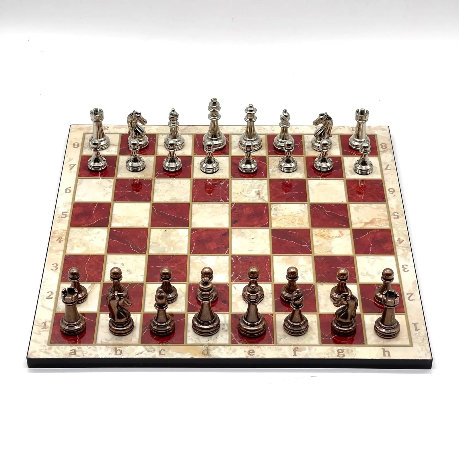14" Red Marble Pattern Chess Board With Metal Chess Pieces