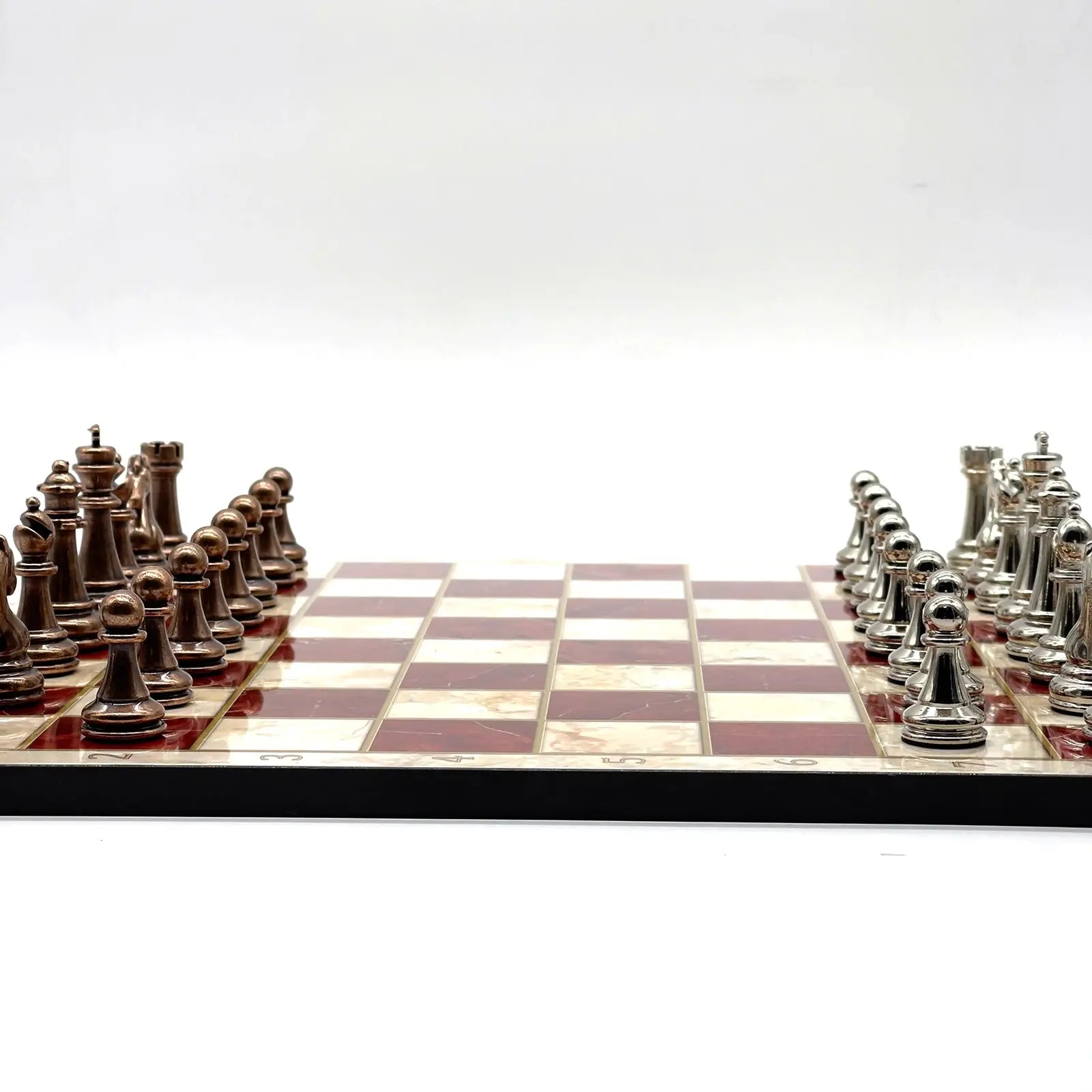 14" Red Marble Pattern Chess Board With Metal Chess Pieces
