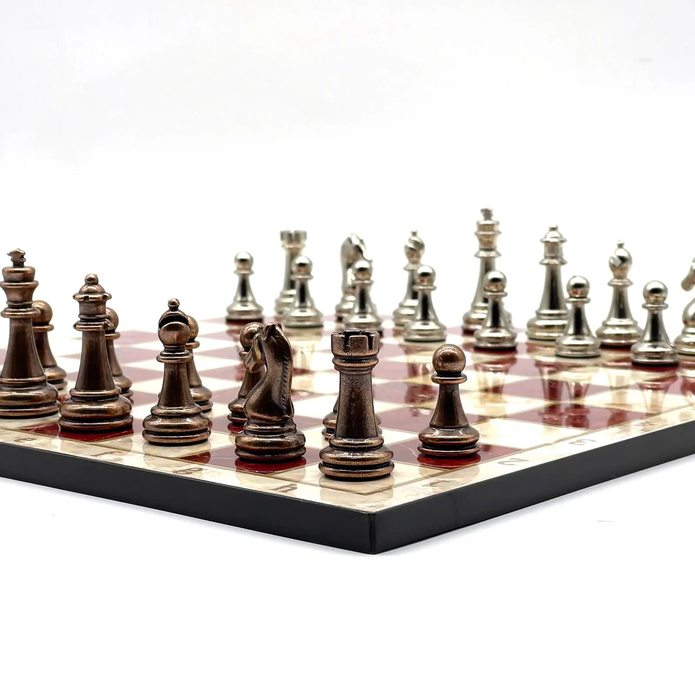 14" Red Marble Pattern Chess Board With Metal Chess Pieces