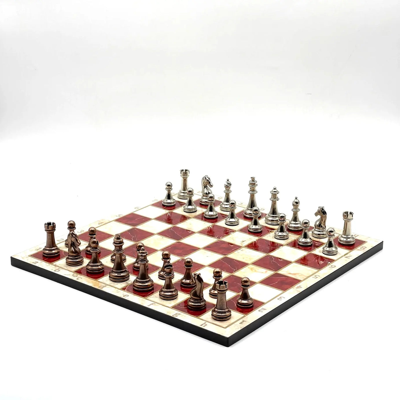 14" Red Marble Pattern Chess Board With Metal Chess Pieces