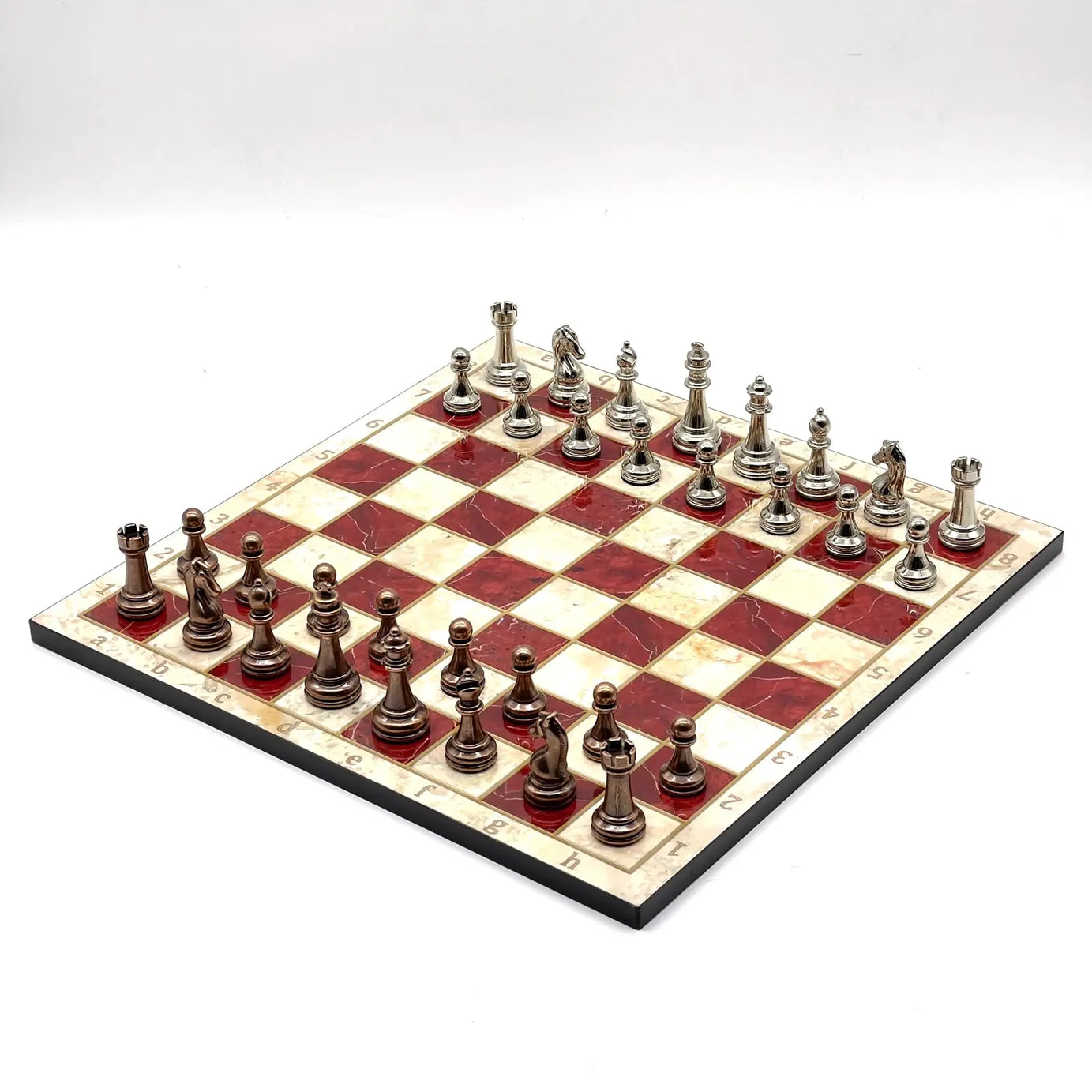 14" Red Marble Pattern Chess Board With Metal Chess Pieces