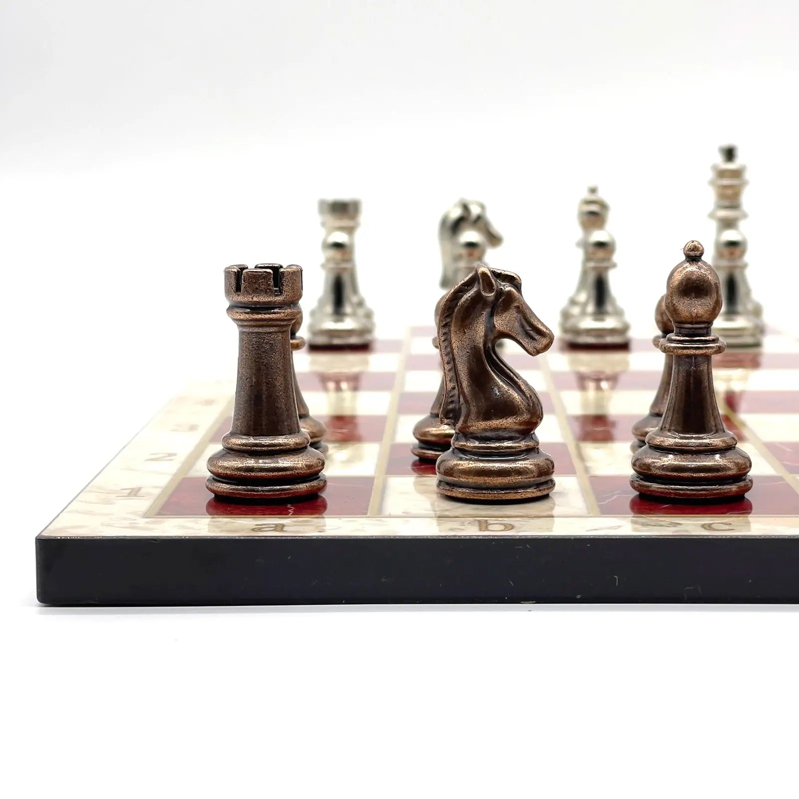 14" Red Marble Pattern Chess Board With Metal Chess Pieces