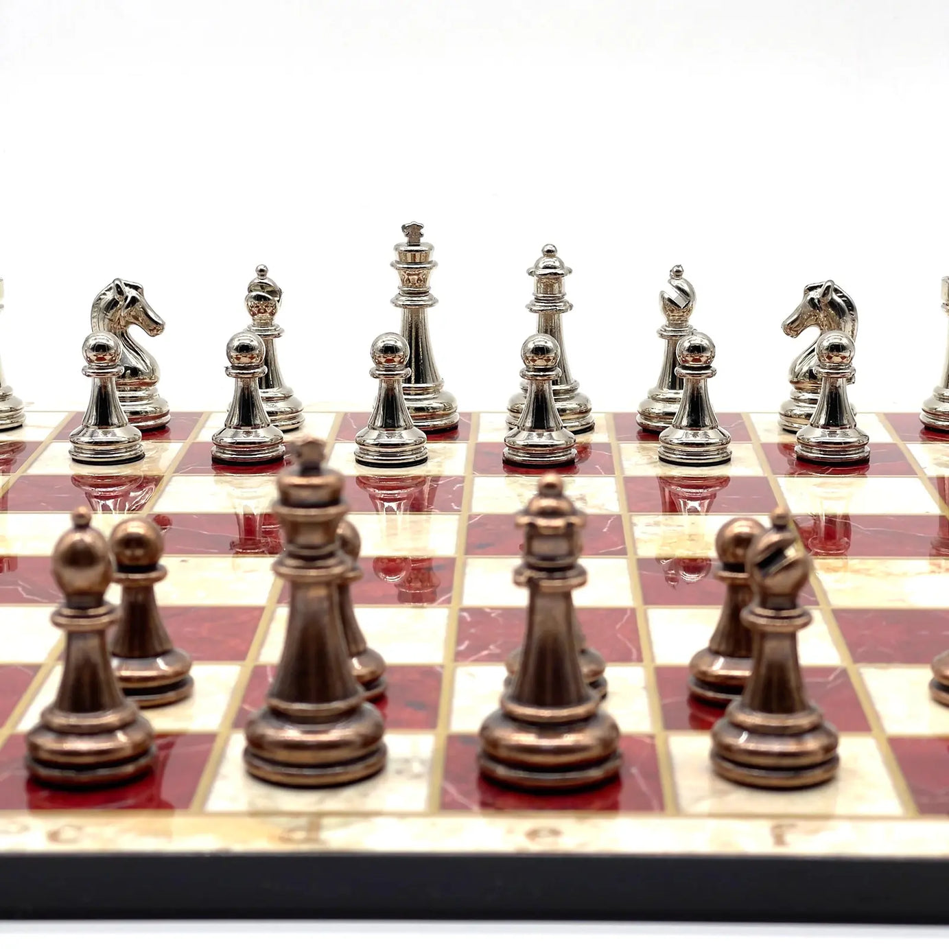 14" Red Marble Pattern Chess Board With Metal Chess Pieces