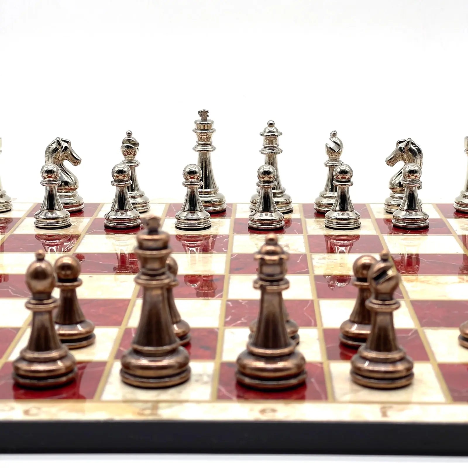 14" Red Marble Pattern Chess Board With Metal Chess Pieces