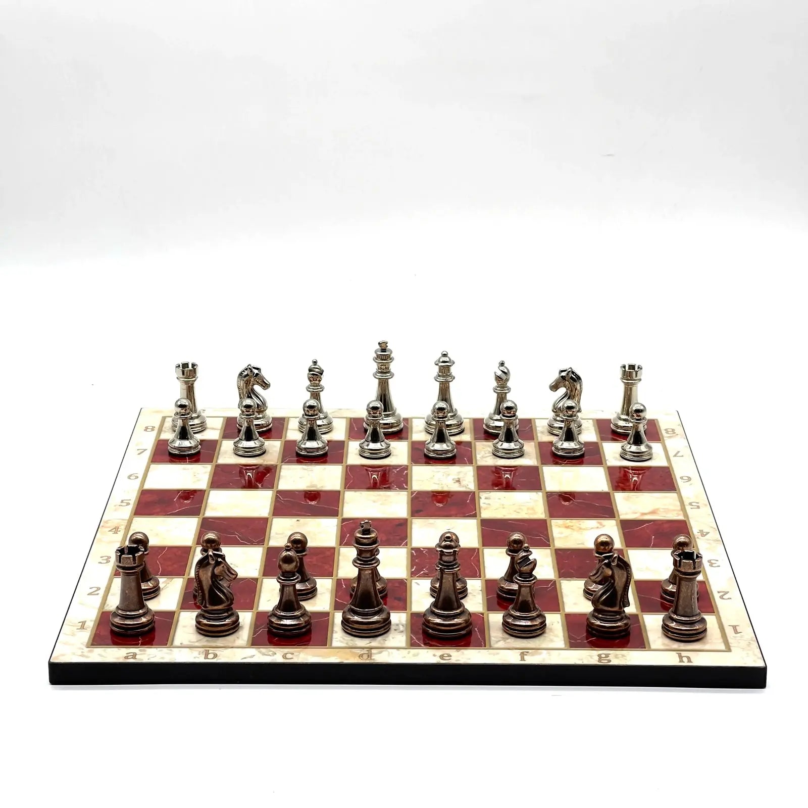 14" Red Marble Pattern Chess Board With Metal Chess Pieces