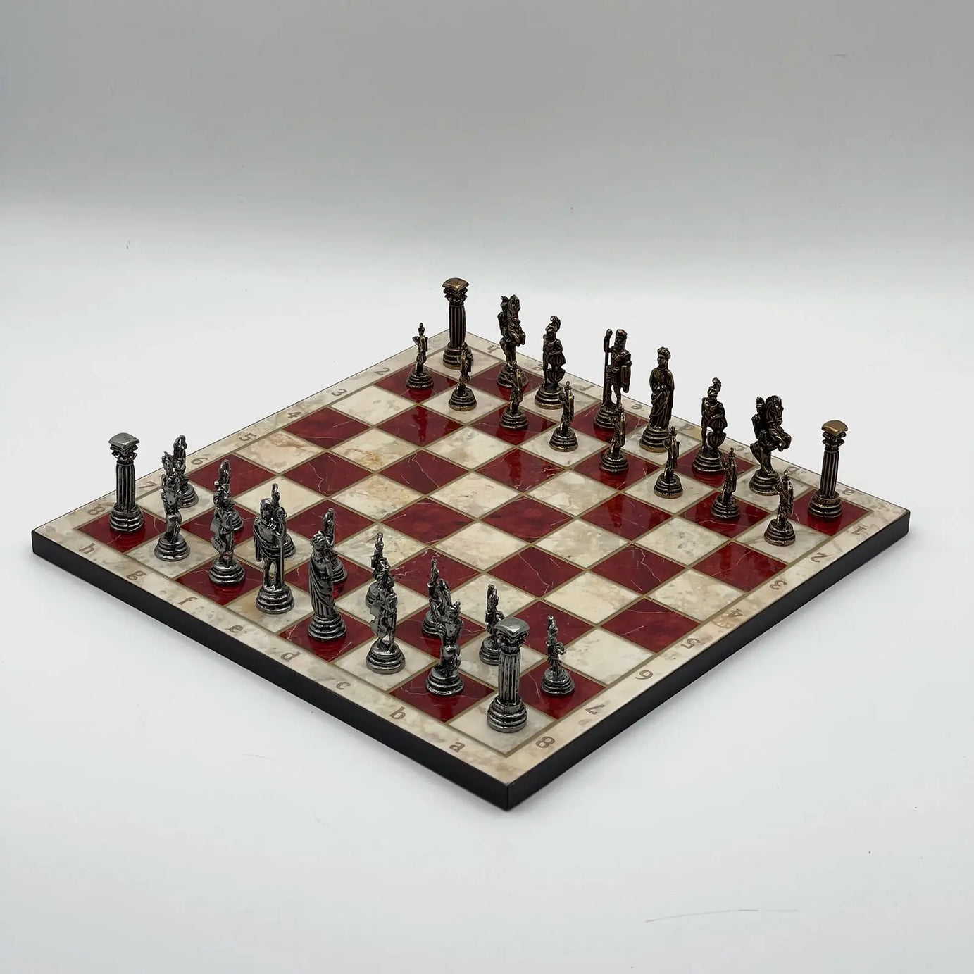 11.8" Red Marble Pattern Chess Set With Crusaders Metal Chess Pieces