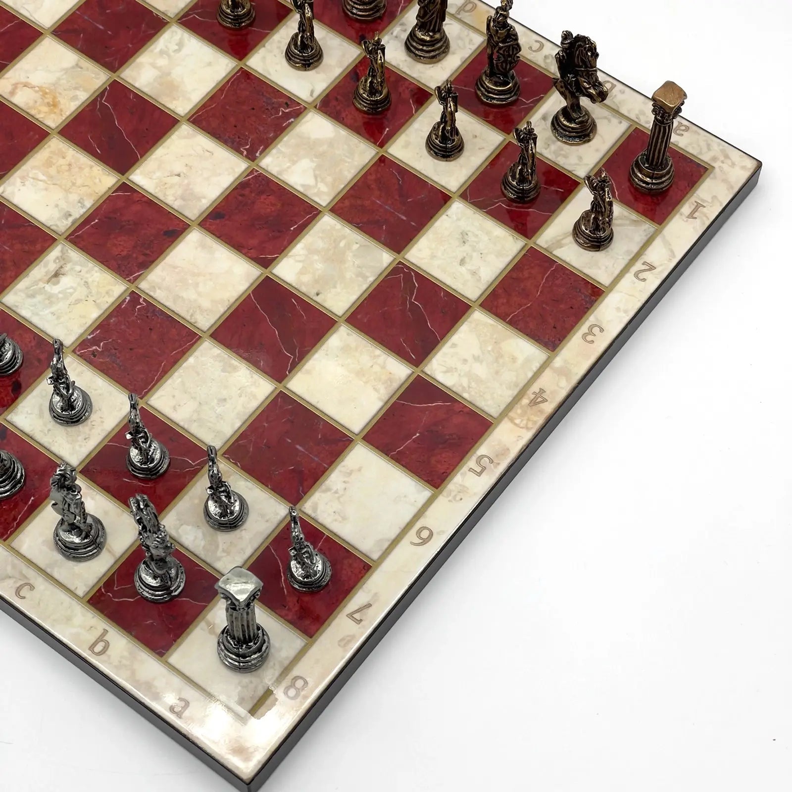 11.8" Red Marble Pattern Chess Set With Crusaders Metal Chess Pieces