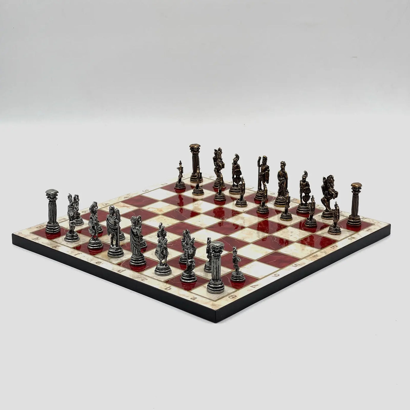 11.8" Red Marble Pattern Chess Set With Crusaders Metal Chess Pieces