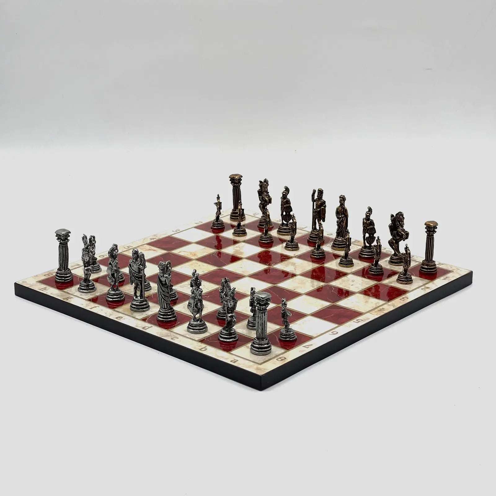 11.8" Red Marble Pattern Chess Set With Crusaders Metal Chess Pieces