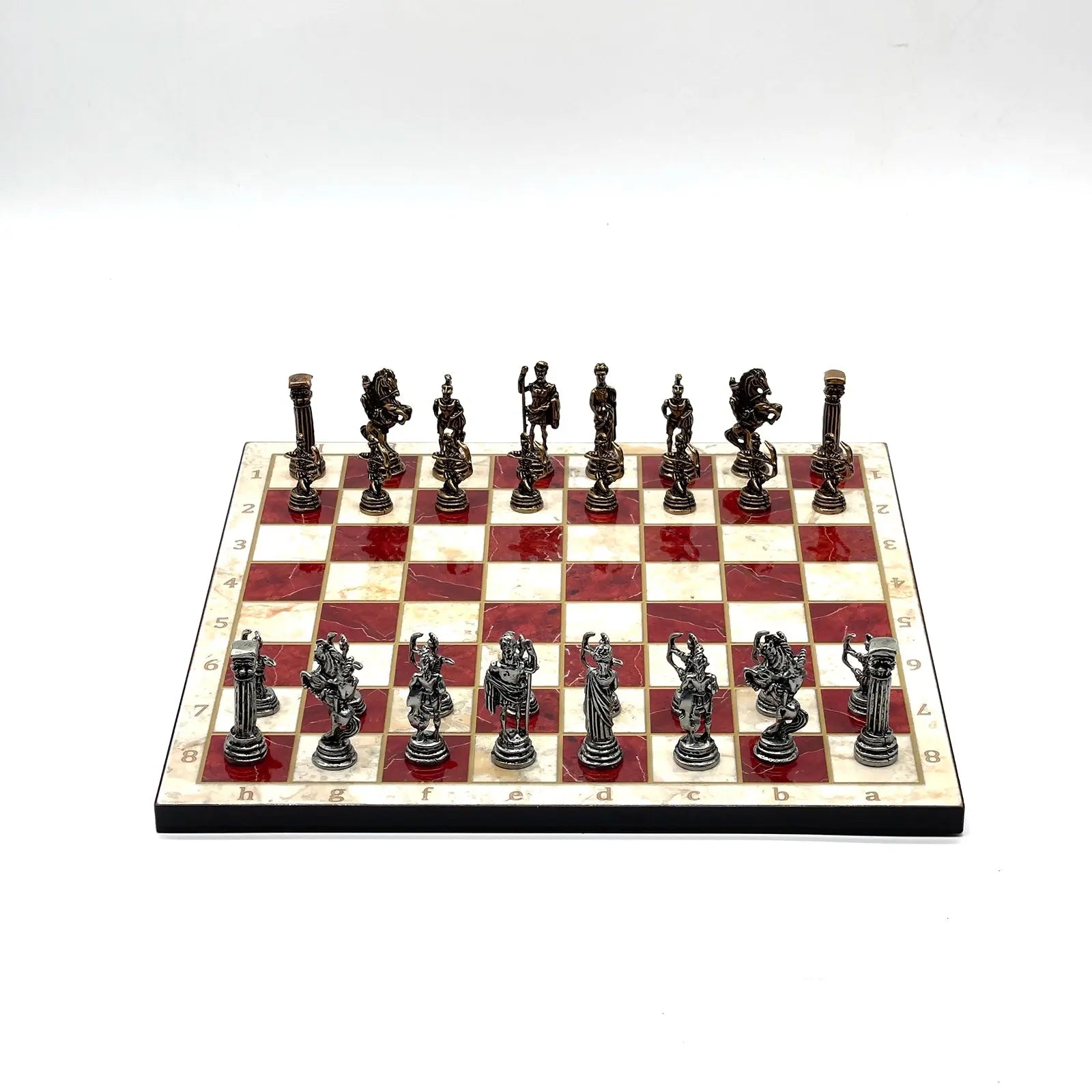 11.8" Red Marble Pattern Chess Set With Crusaders Metal Chess Pieces