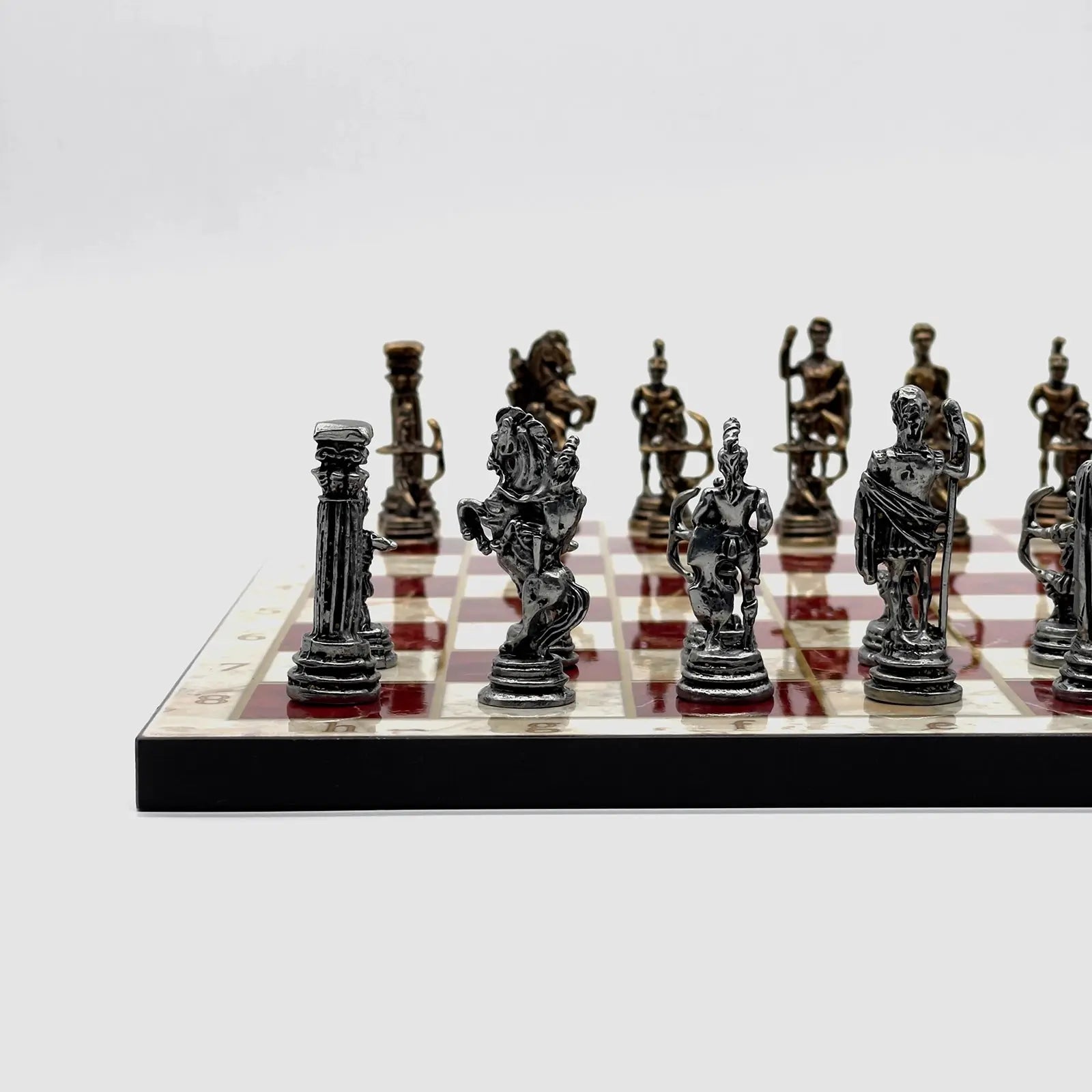 11.8" Red Marble Pattern Chess Set With Crusaders Metal Chess Pieces