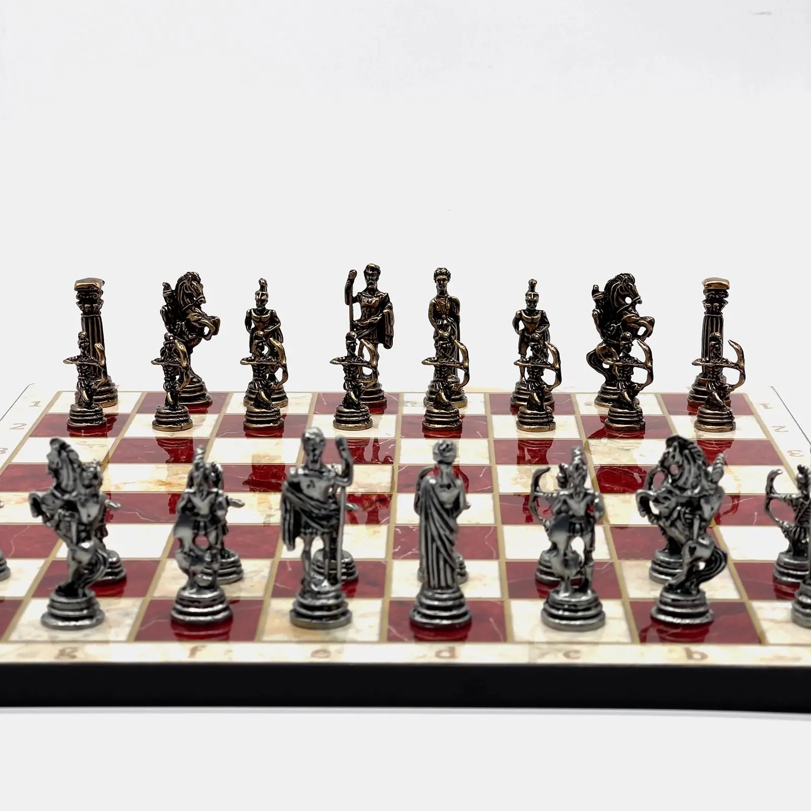 11.8" Red Marble Pattern Chess Set With Crusaders Metal Chess Pieces