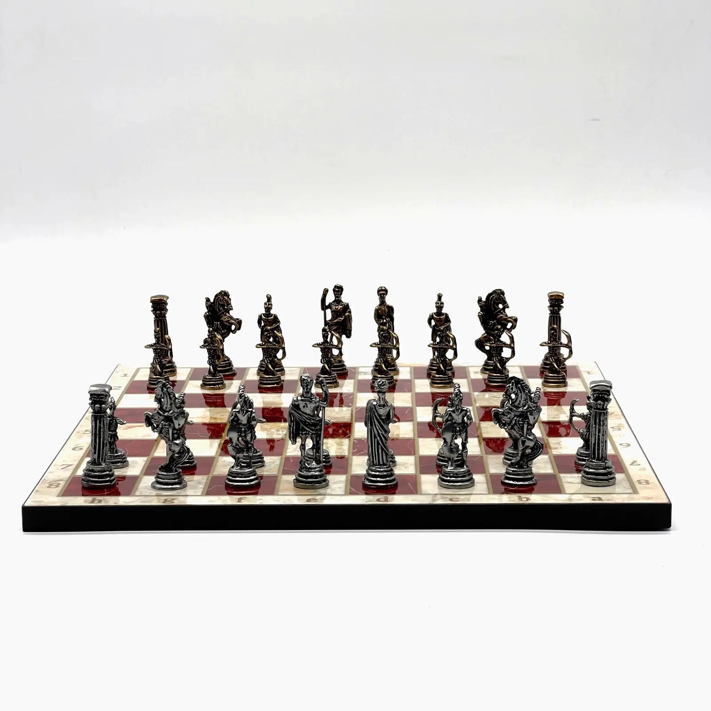 11.8" Red Marble Pattern Chess Set With Crusaders Metal Chess Pieces