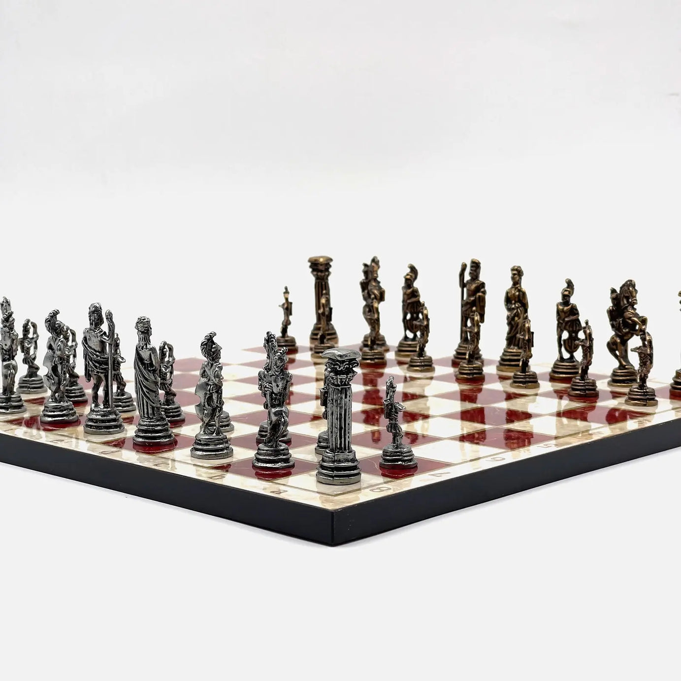 11.8" Red Marble Pattern Chess Set With Crusaders Metal Chess Pieces