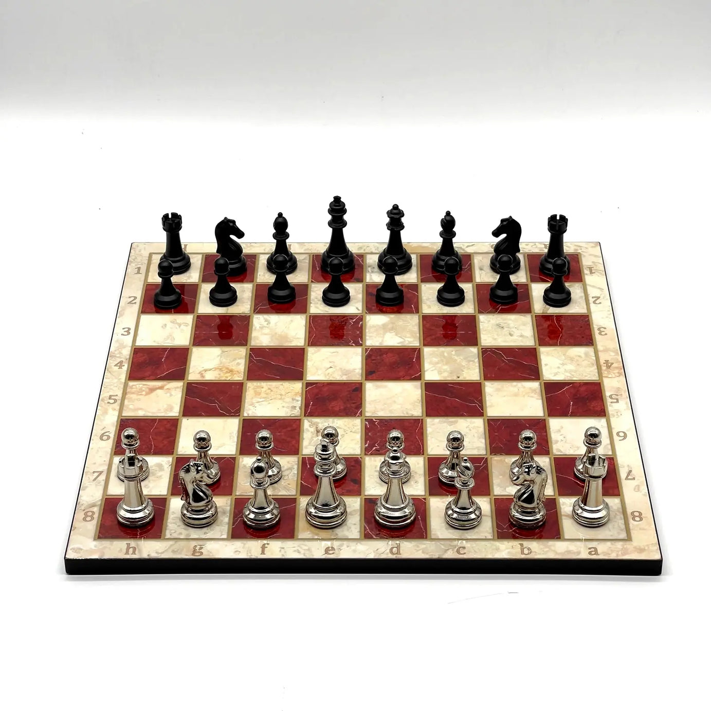 14" Red Marble Pattern Chess Set With Matte Metal Chess Pieces