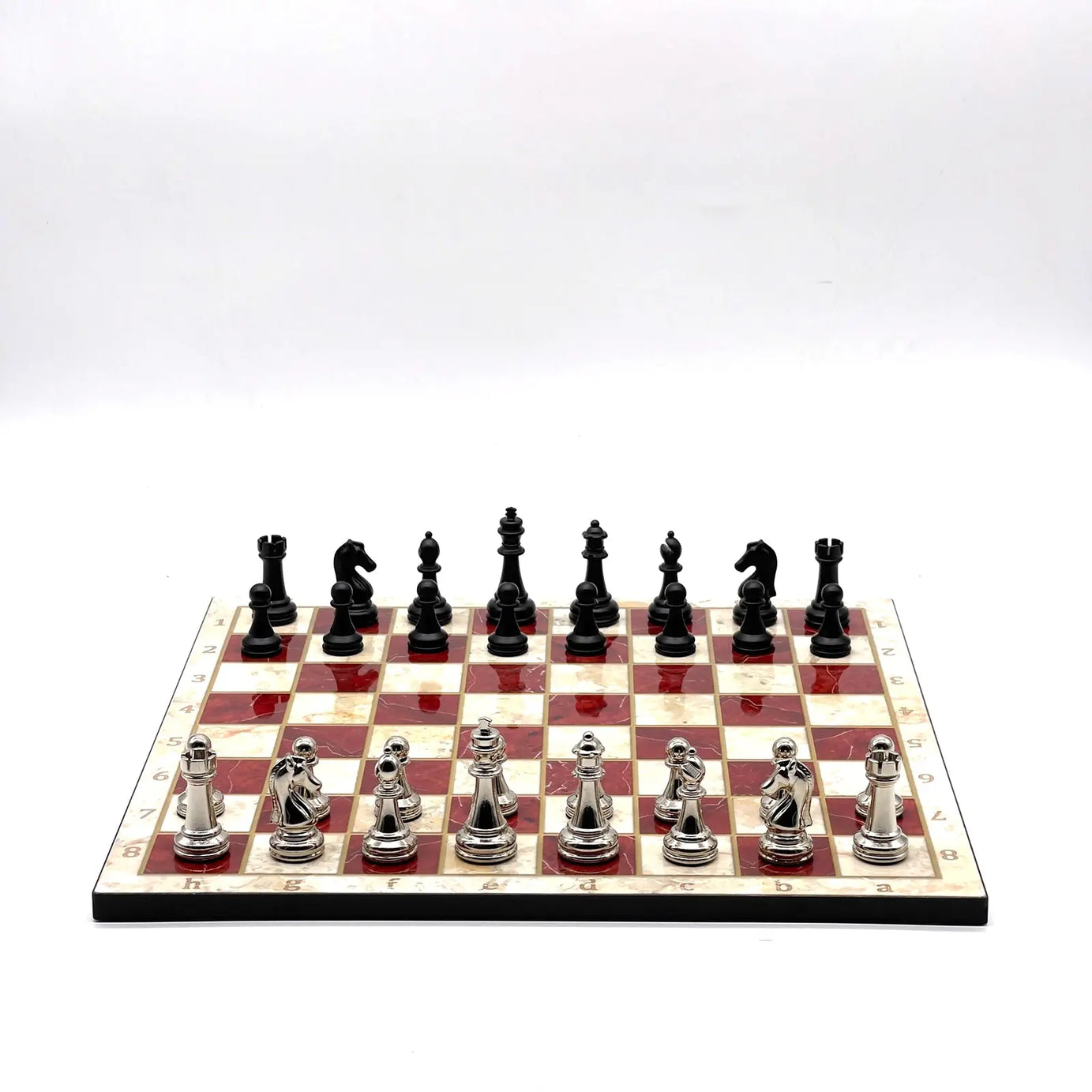 14" Red Marble Pattern Chess Set With Matte Metal Chess Pieces