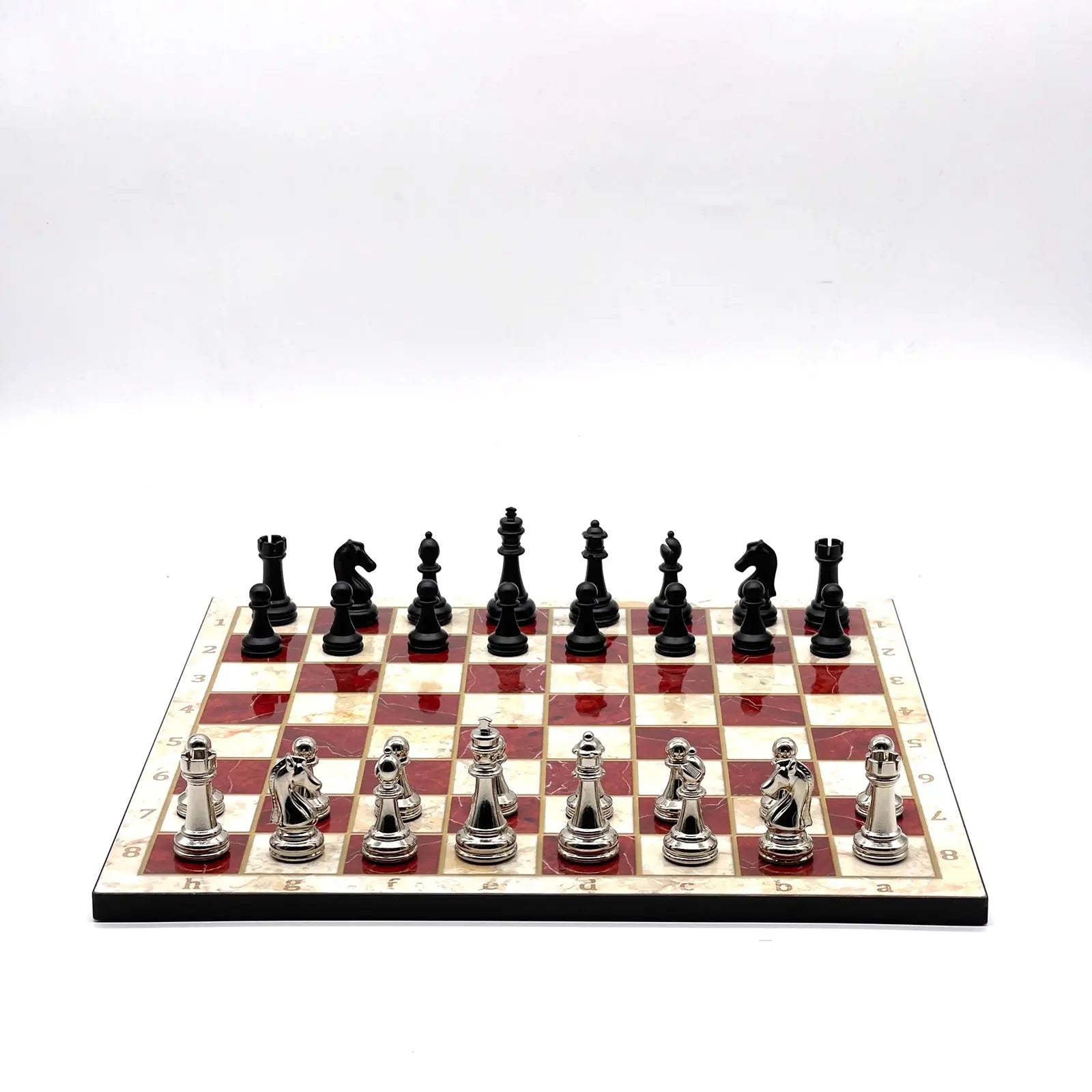 14" Red Marble Pattern Chess Set With Matte Metal Chess Pieces