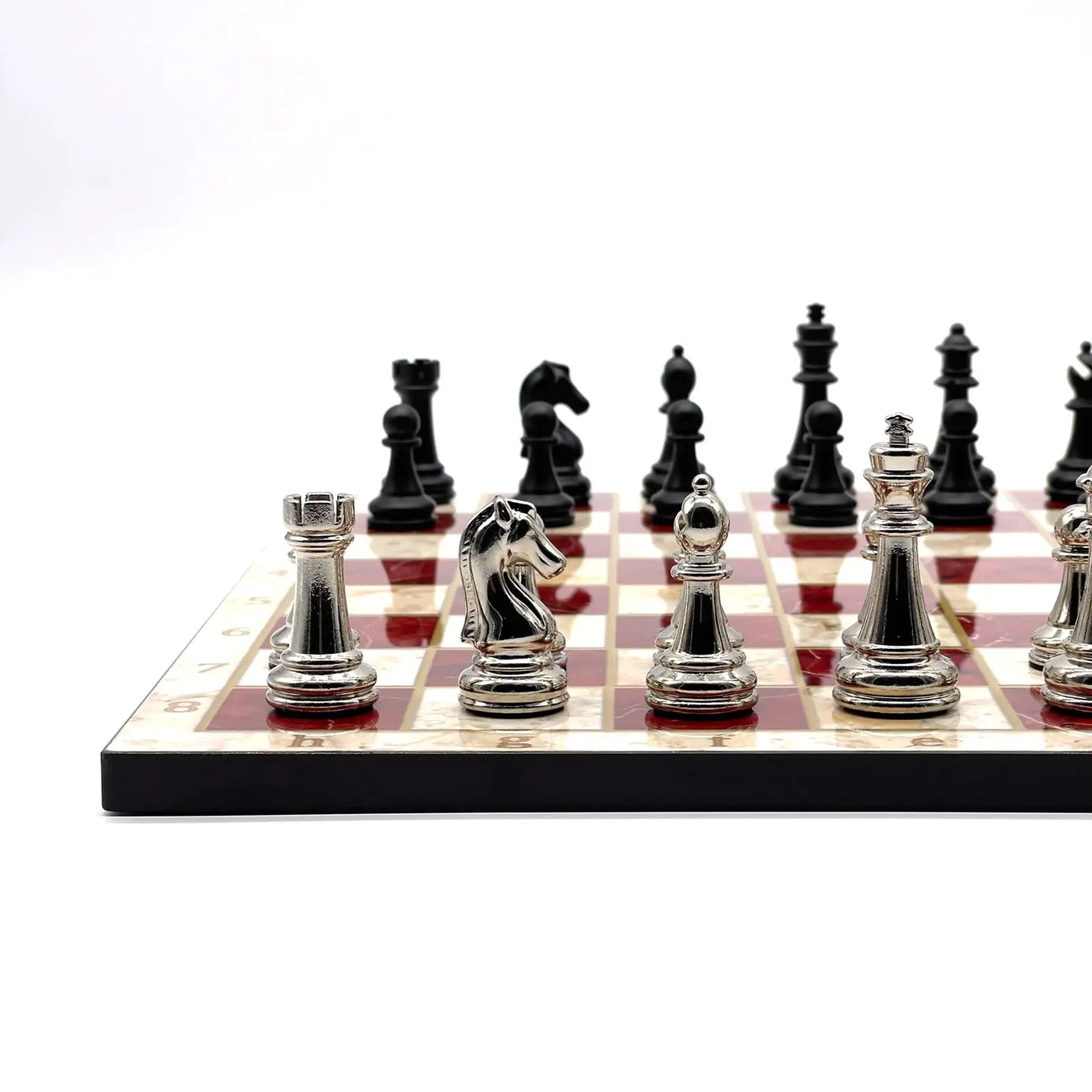 14" Red Marble Pattern Chess Set With Matte Metal Chess Pieces