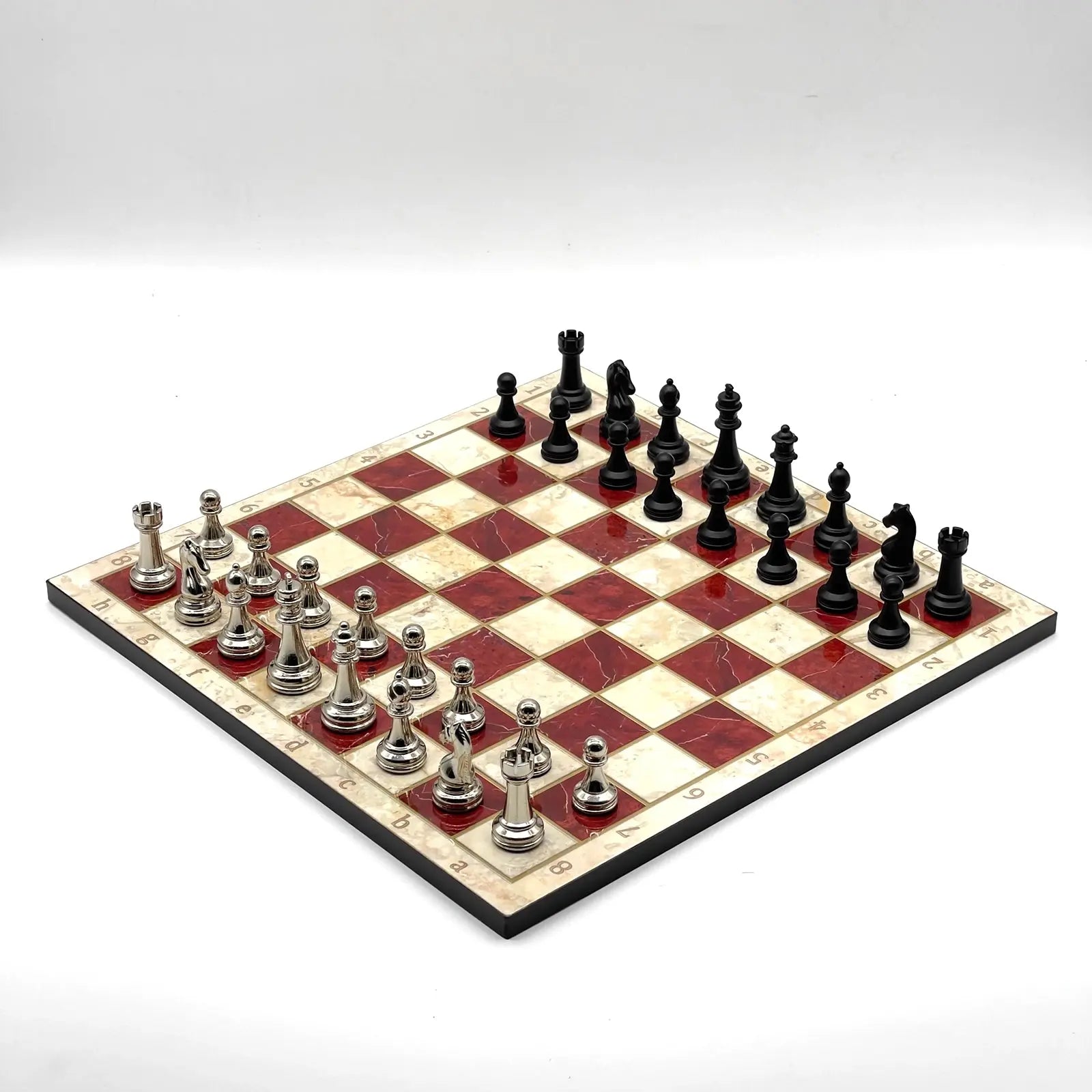 14" Red Marble Pattern Chess Set With Matte Metal Chess Pieces