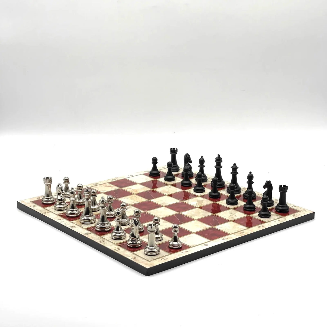 14" Red Marble Pattern Chess Set With Matte Metal Chess Pieces